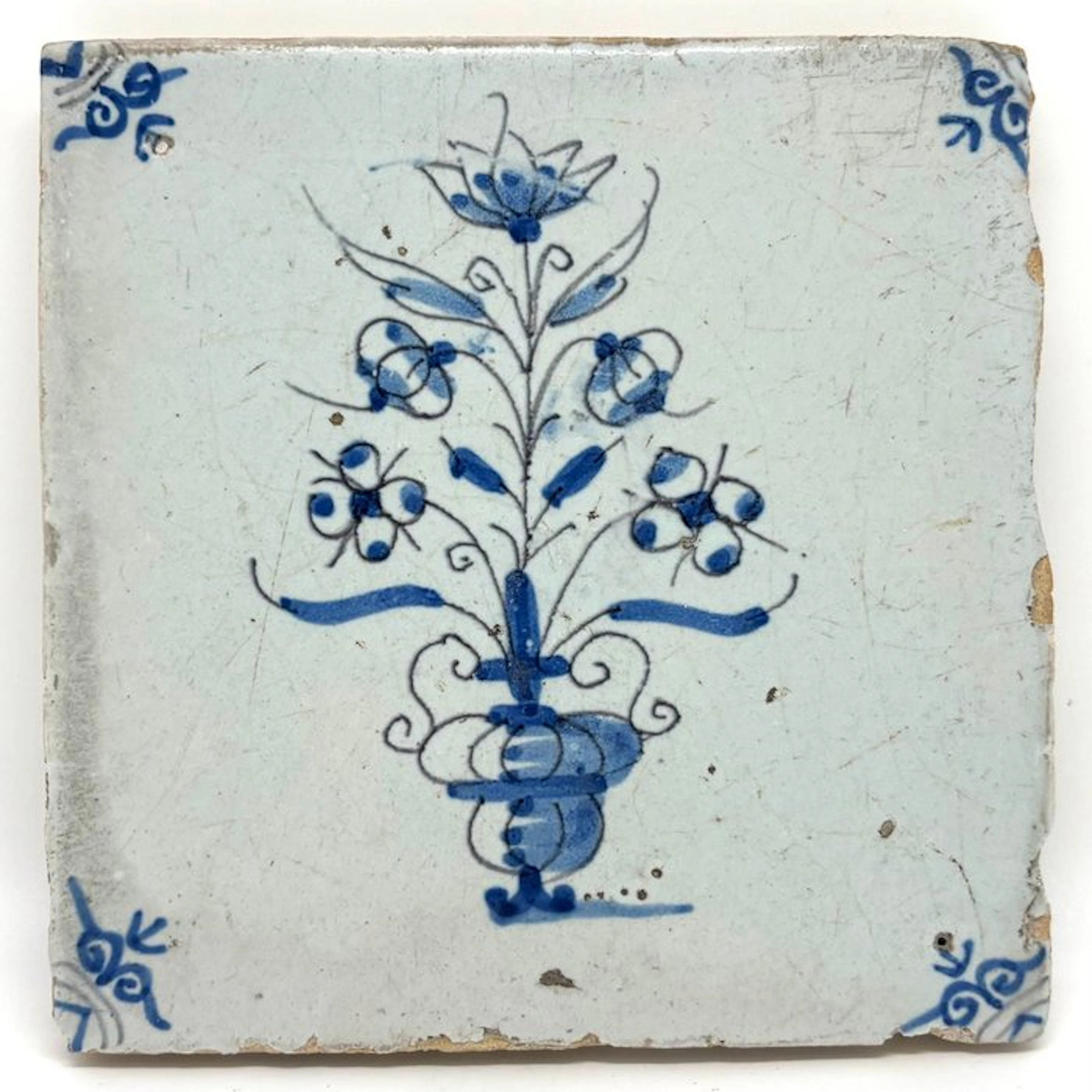 Antique Tile - Antieke Delftsblauwe tegel met bloemenvaas...