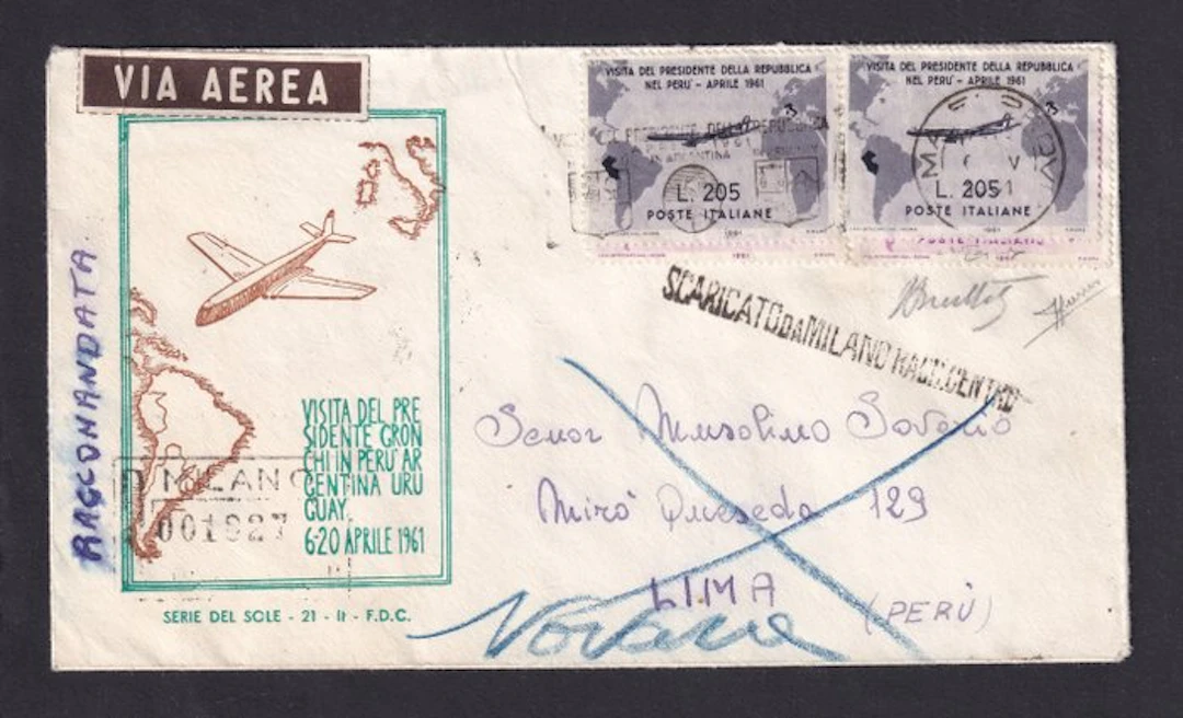 Italian Republic 1961 - 2 Rosa Gronchi, overprinted, travelled to Lima, Peru