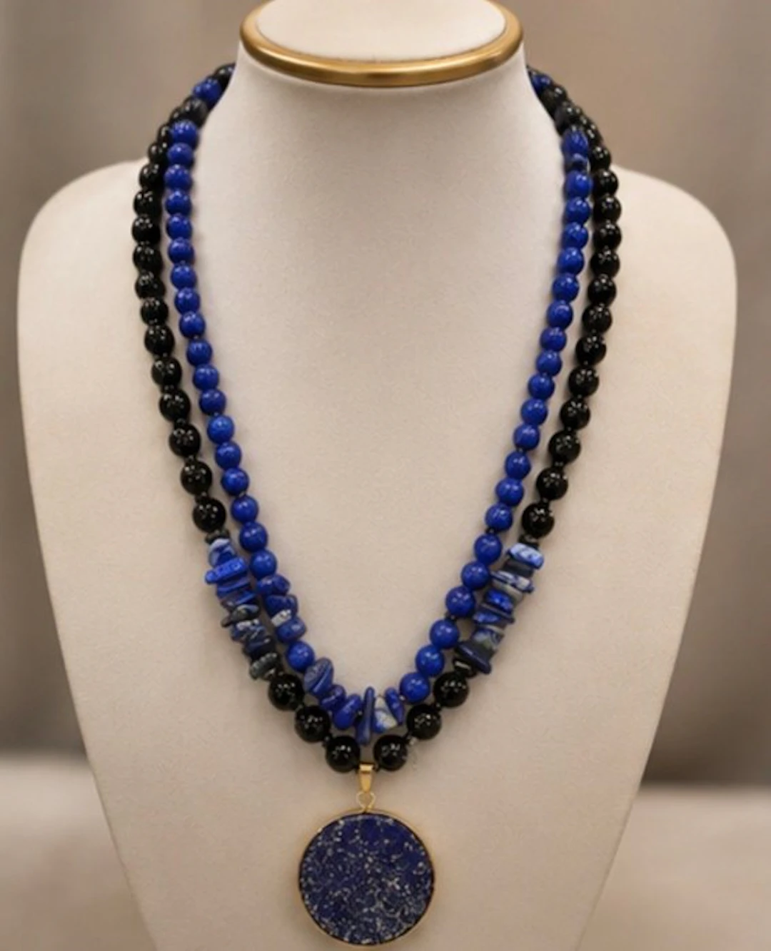 Obsidian & Lapis Lazuli Double-Strand Statement Necklace - Necklace