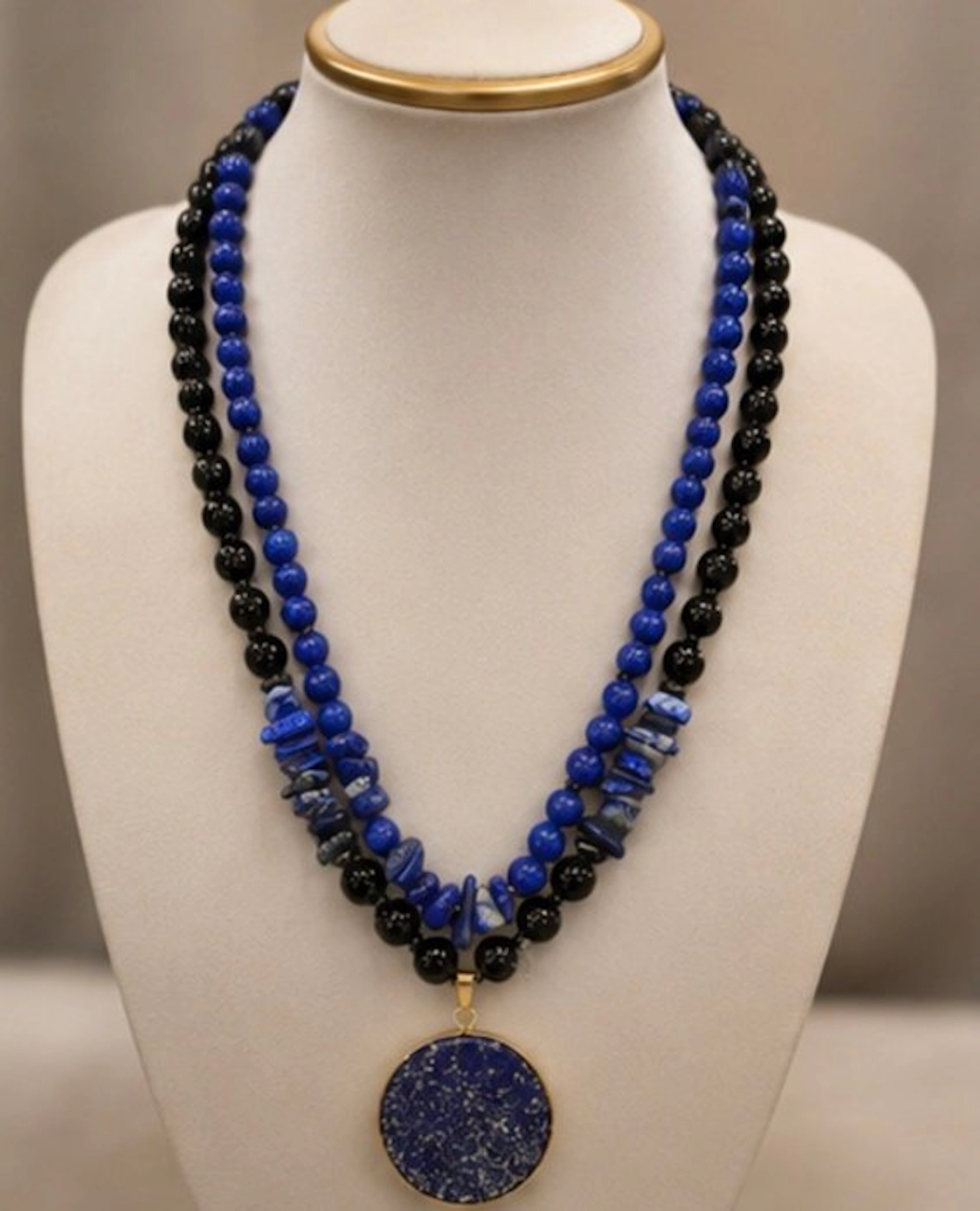 Obsidian & Lapis Lazuli Double-Strand Statement Necklace - Necklace