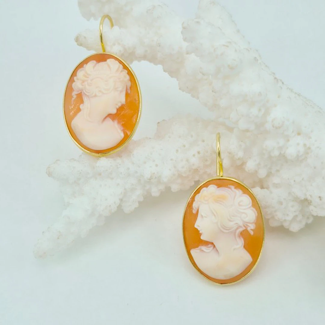 Silver, Gold-plated - Earrings - Hand-engraved Cameos