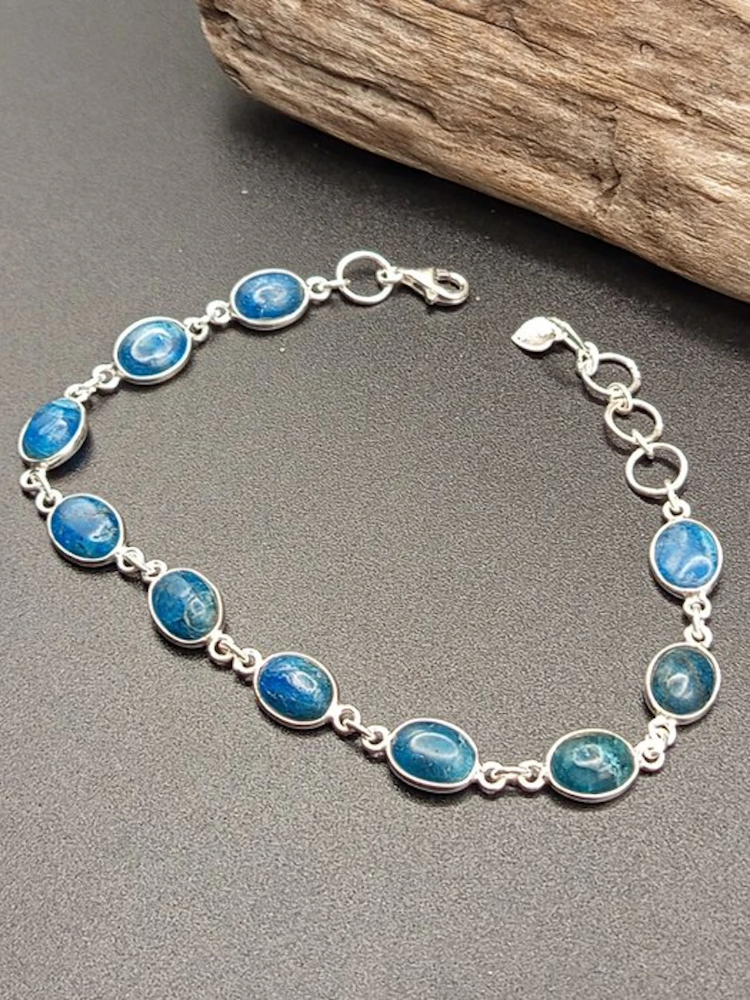 Unique Piece: 925 Silver Bracelet with Apatite – Top Quality- 7.2 g - (1)