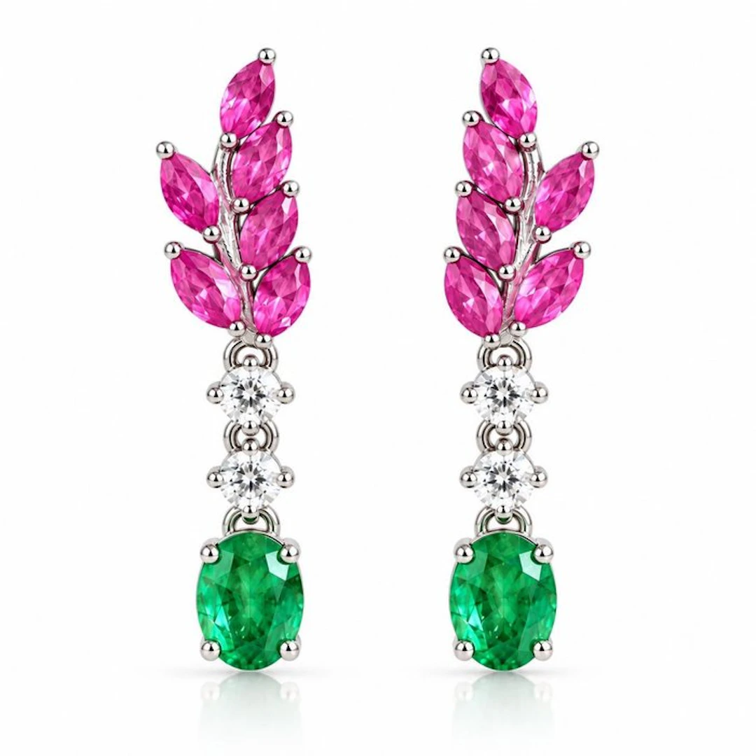 No reserve price - Earrings Silver Ruby - Emerald