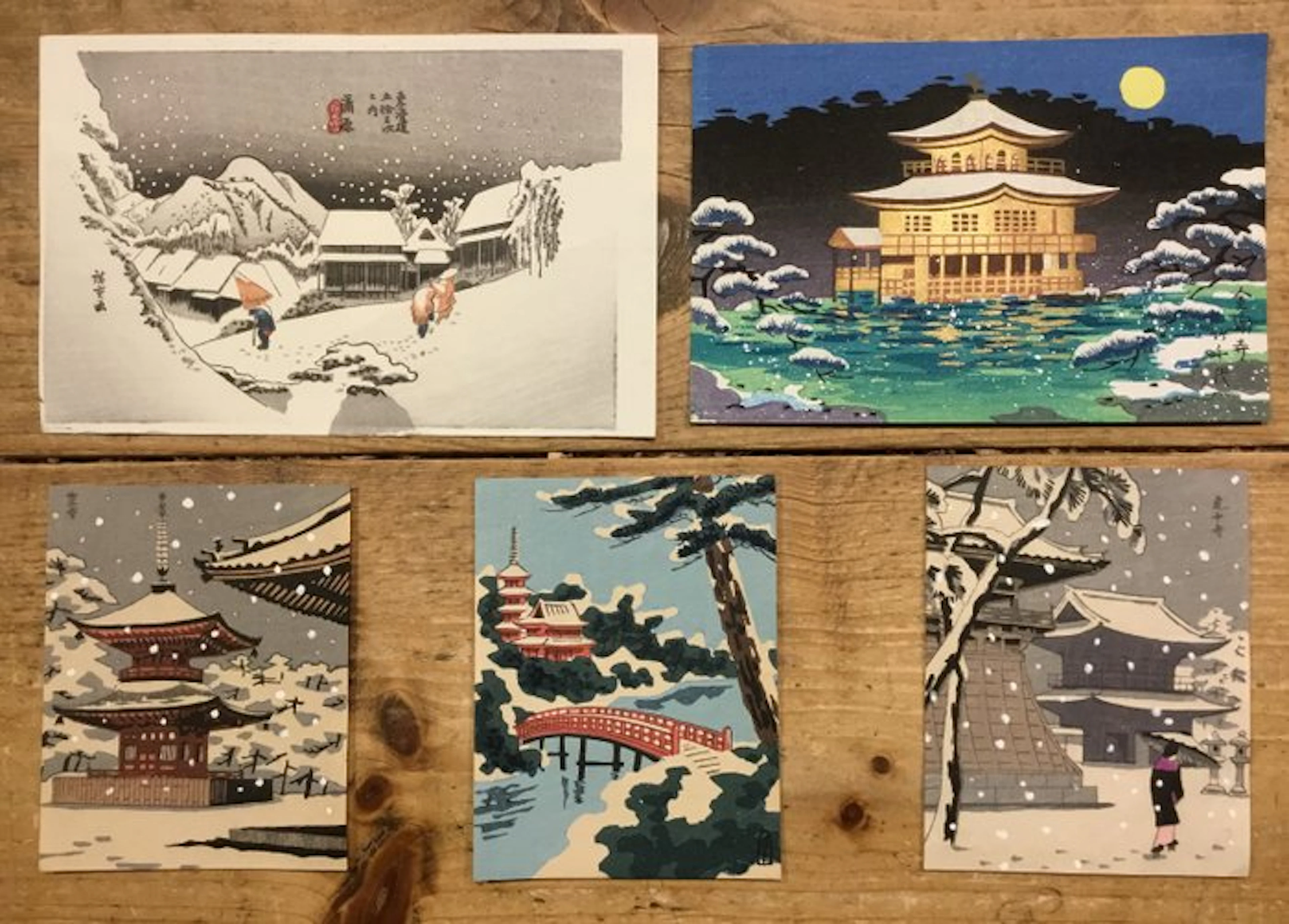 5 Japanse houtblok prentjes met afbeelding van...