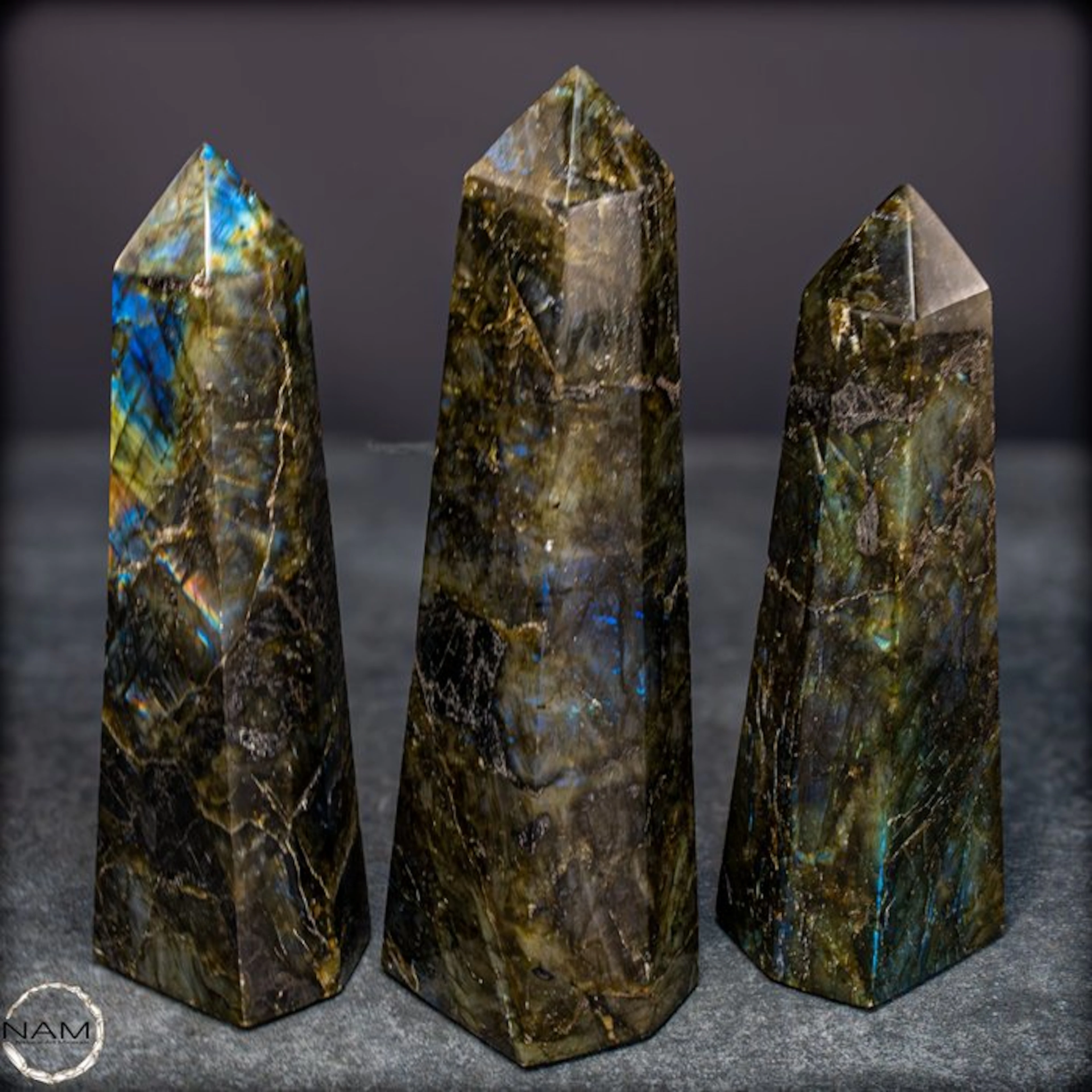 Labradorite Obelisks Trio – Fascinating light reflections...