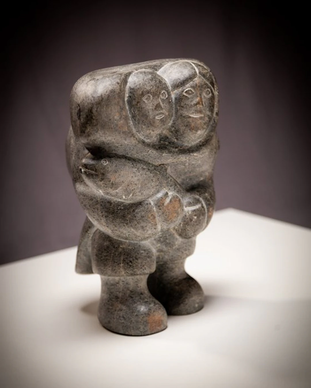 Monumental Basalt Sculpture Mother with Child and Fish...