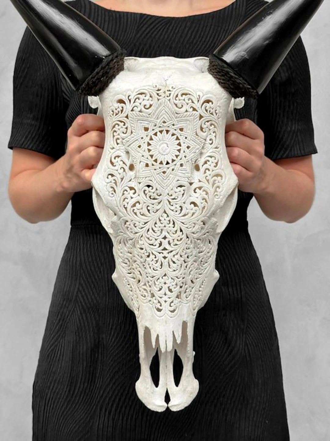 NO RESERVE PRICE - Stunning White Hand-Carved Cow Skull...