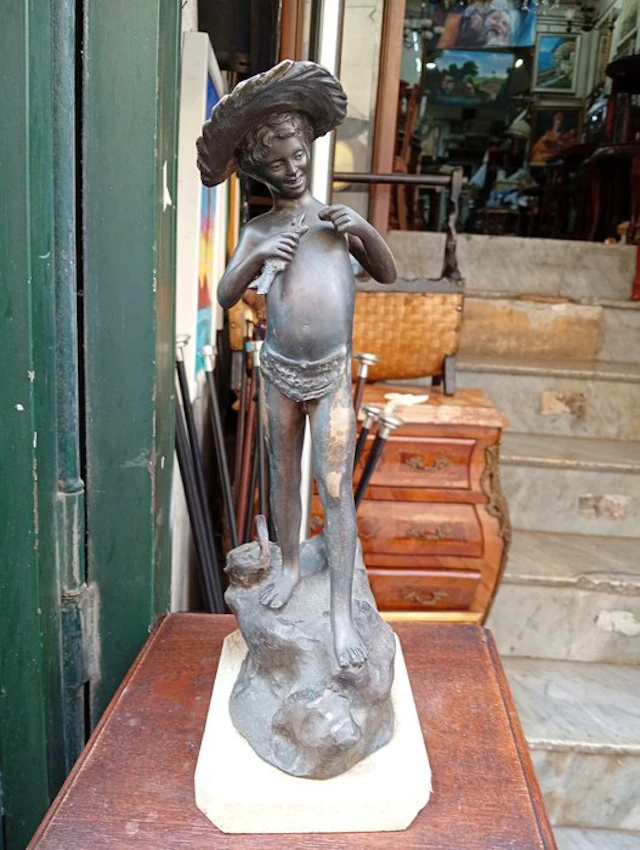 Statue, Il pescatoriello - 40 cm - Bronze, Marble