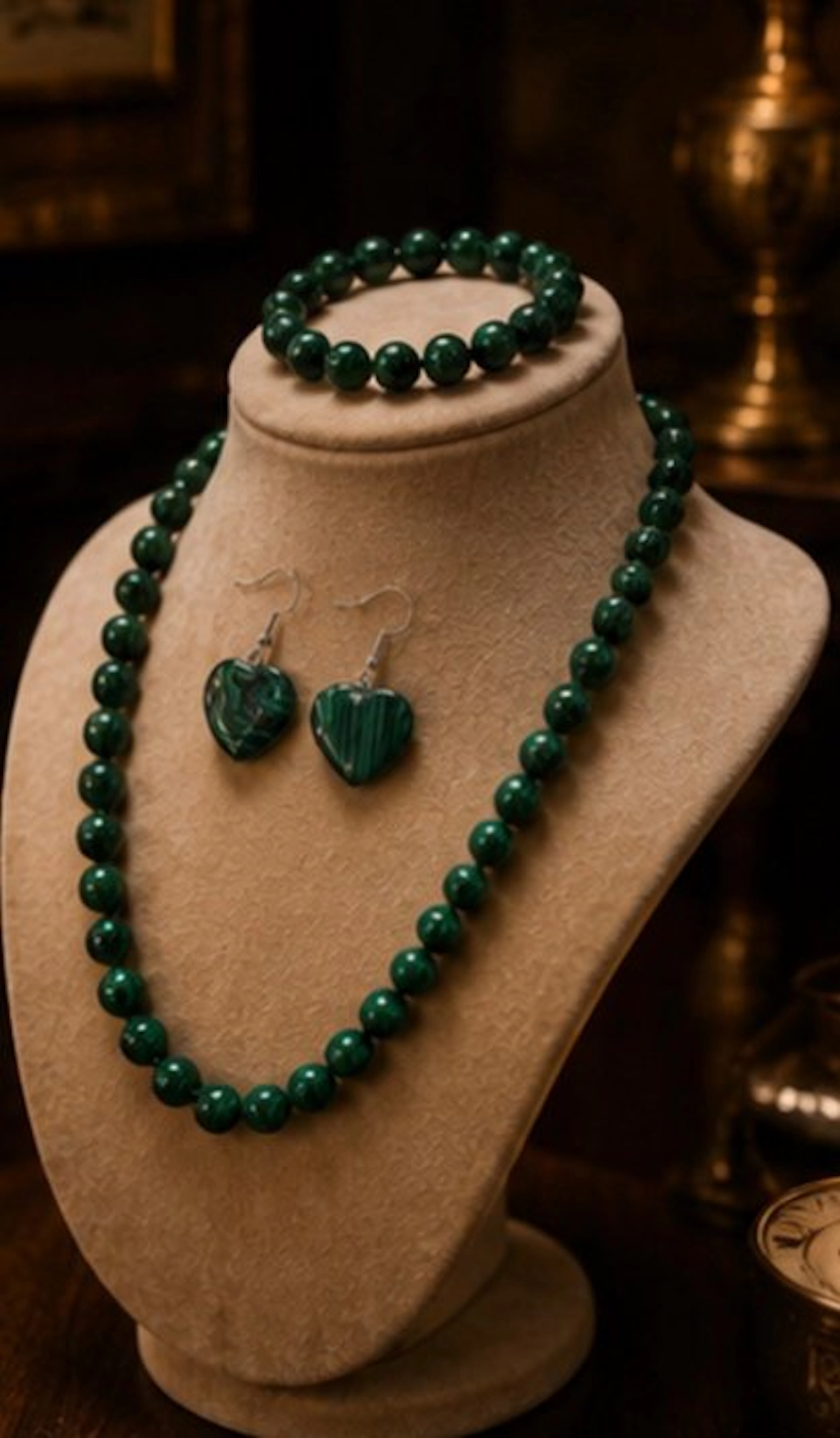 Luxurious Malachite Set Collar Bracelet and Heart earrings - Necklace