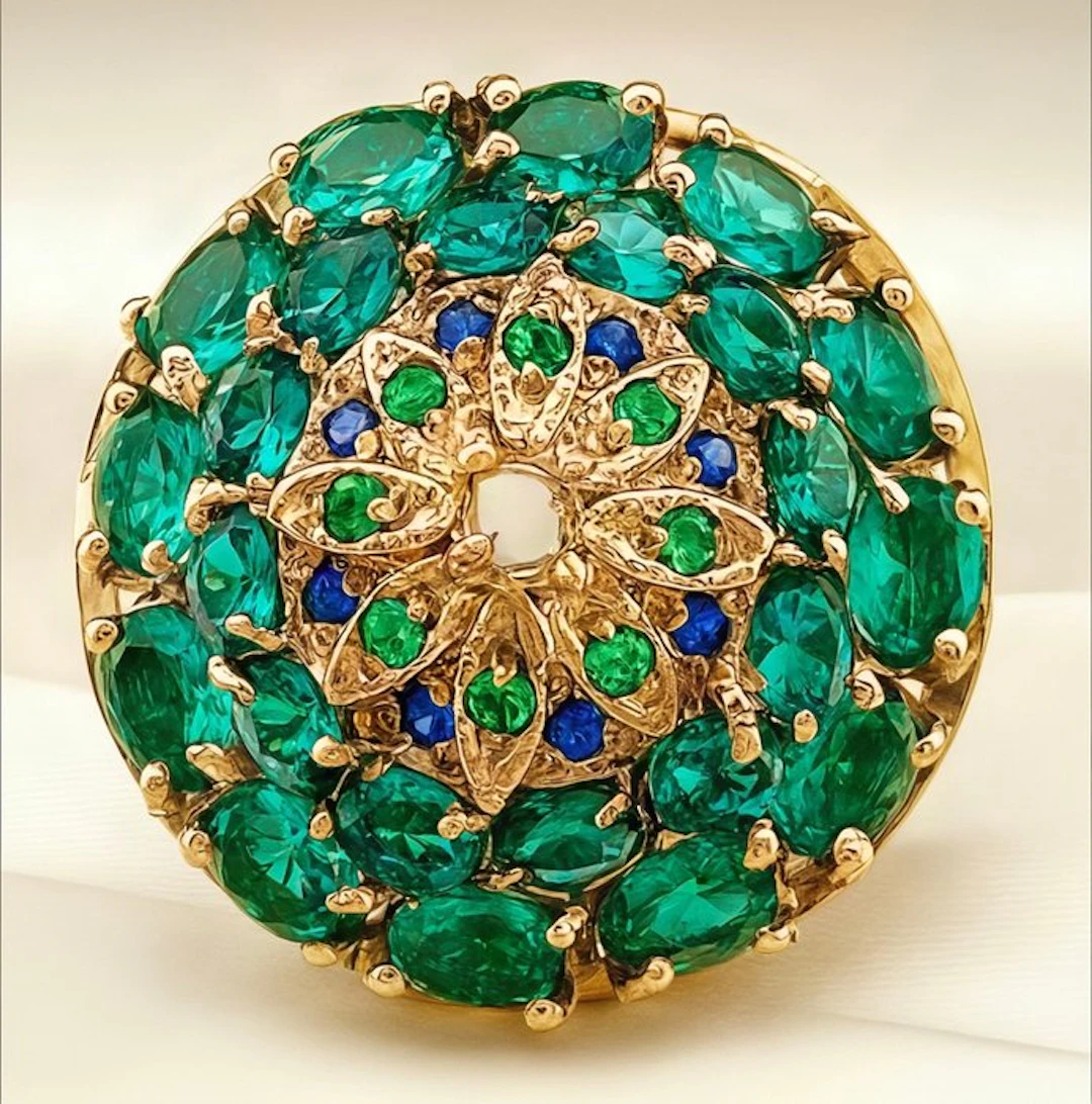 No reserve price - Ring - 9 kt. Yellow gold, Silver Emerald - Diamond