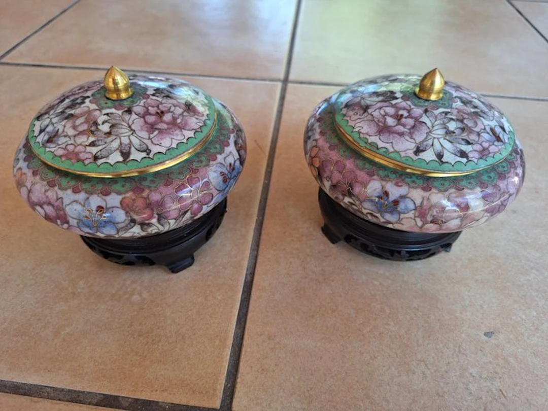 Vase (2) - Enamel, Brass, Wood
