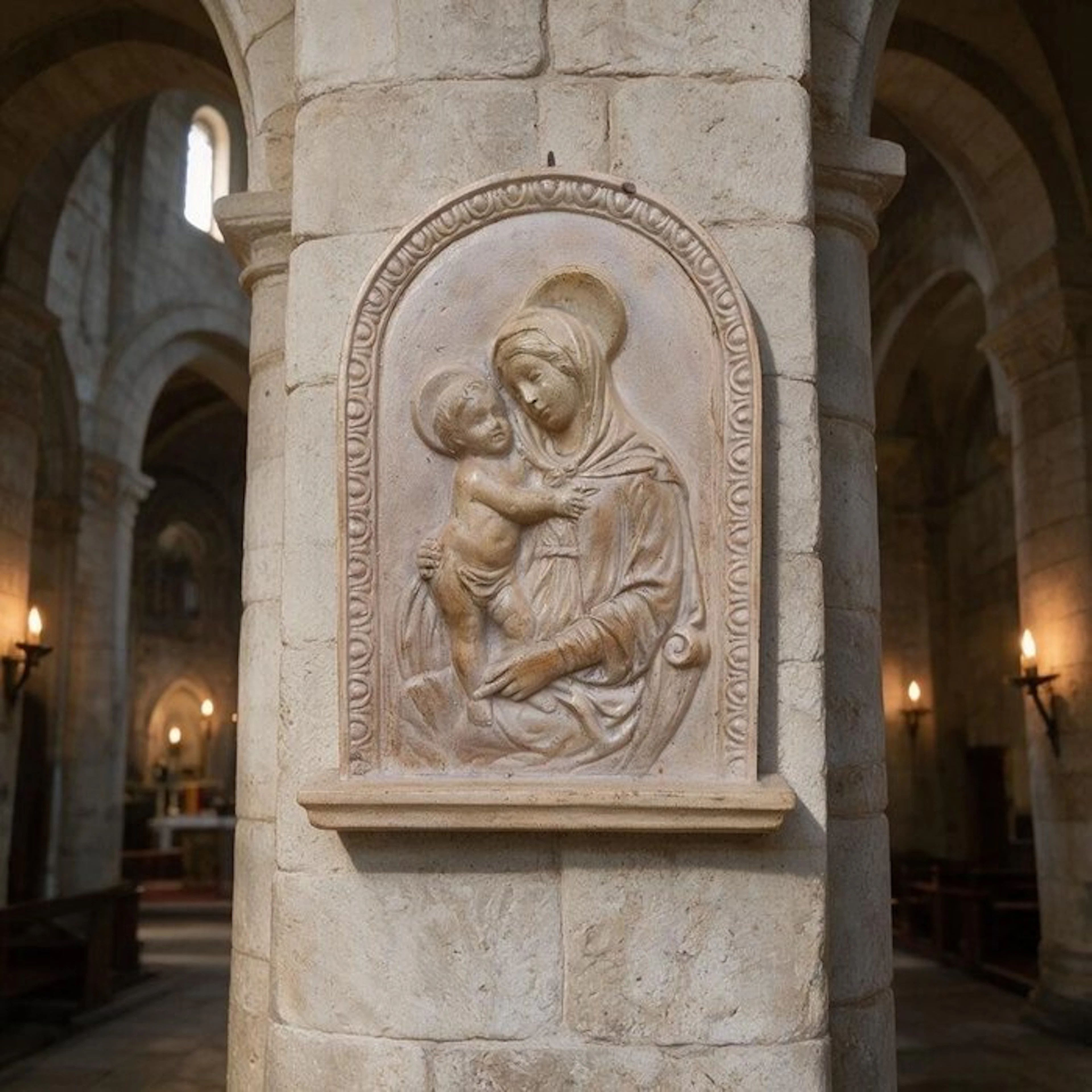 Sculpture, Bassorilievo Madonna Con Il Bambino - 39 cm - Cast Stone
