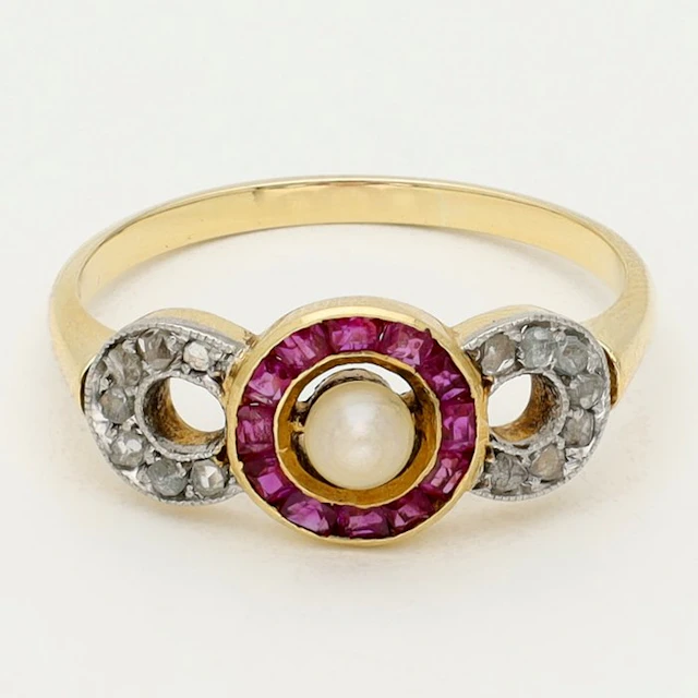 Ring - 18 kt. Yellow gold, White gold Diamond (Natural) - Ruby, Pearl