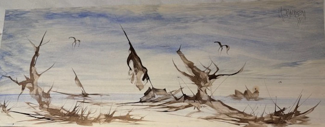 French school (XX) - Paysage lacustre aux oiseaux