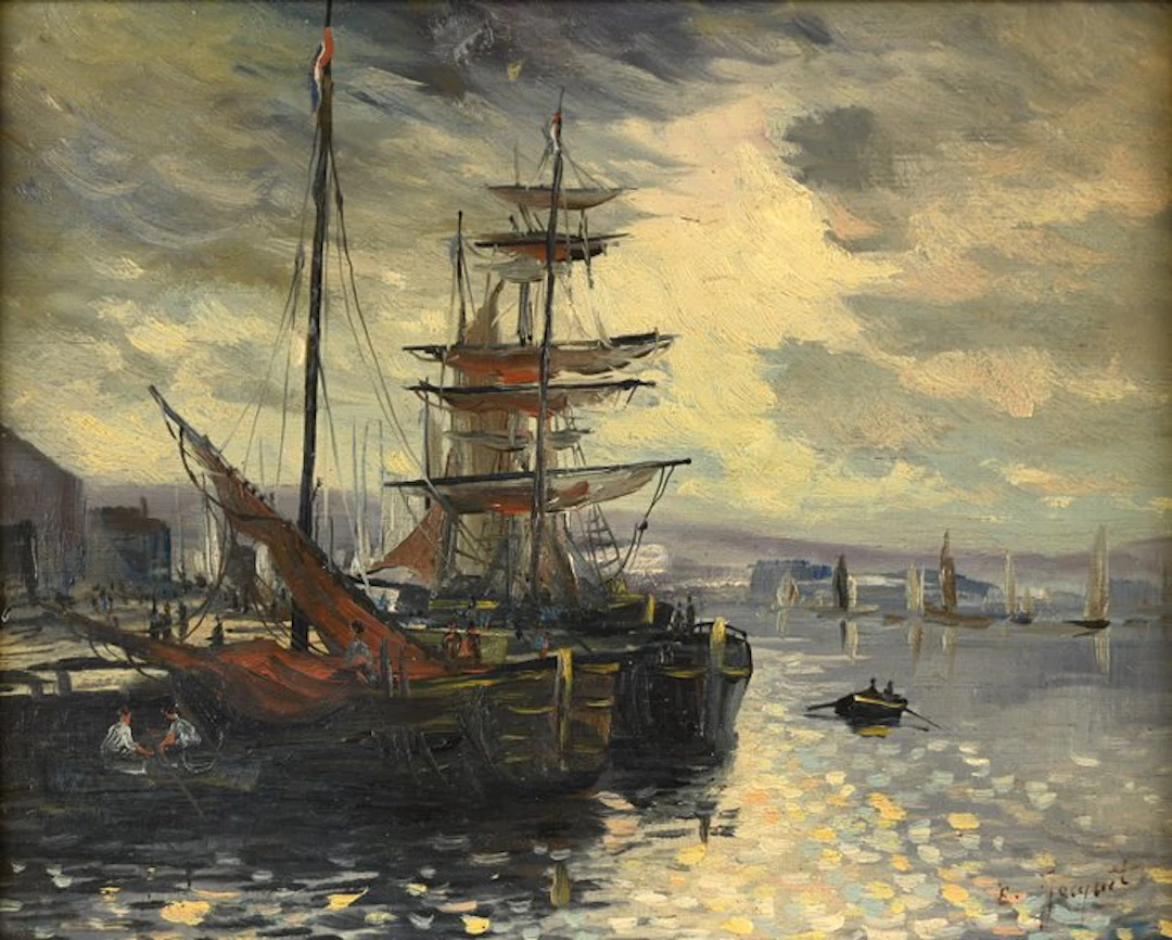 Eugène Jacquet (XIX-XX) - Vue d'un port au soleil couchant