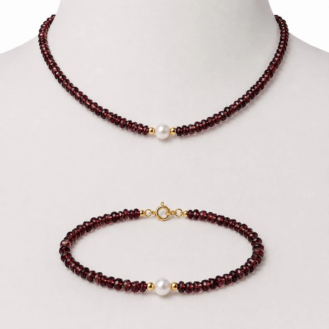 No reserve price - Necklace - 18 kt. Yellow gold Garnet - Pearl