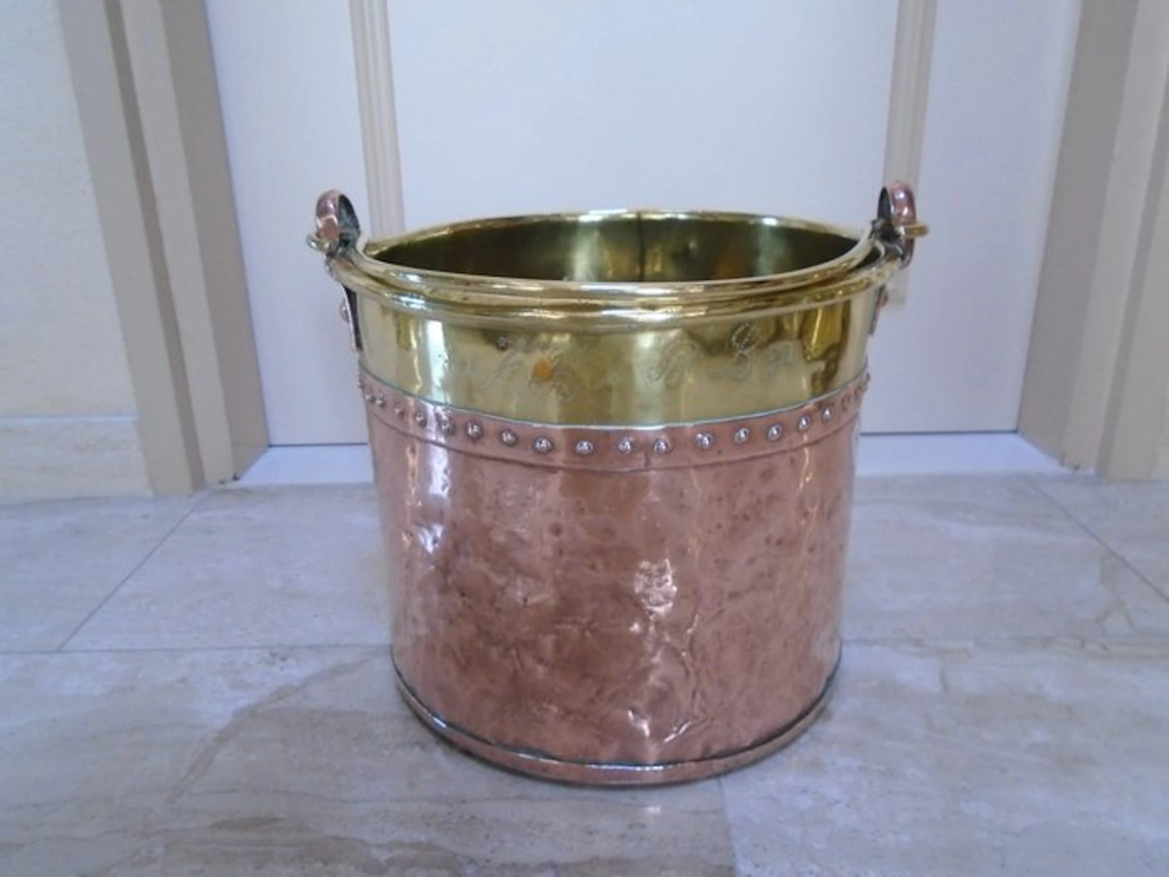 Bucket - copper, brass - milk pail, dated 1892