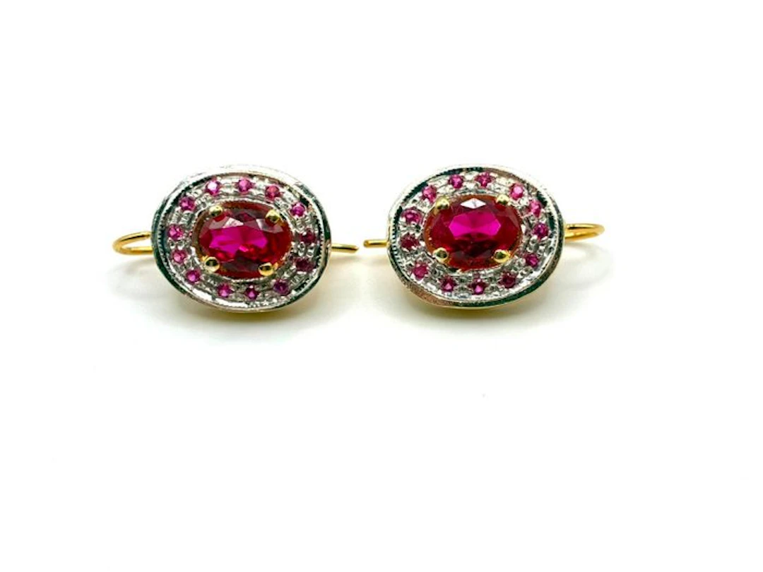 No reserve price - Cocktail earrings - 9 kt. Yellow gold, Silver Ruby - Ruby
