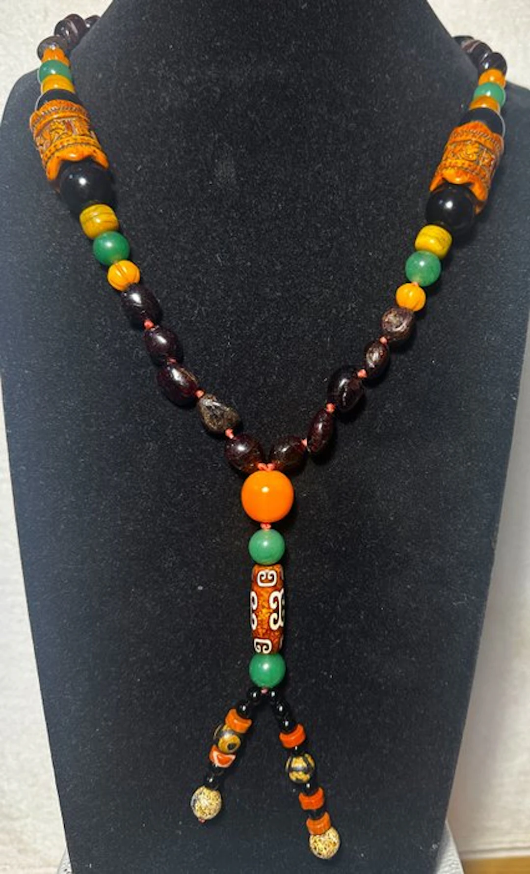 Natural Garnet and Green Jade with Agate Dzi and bone and...