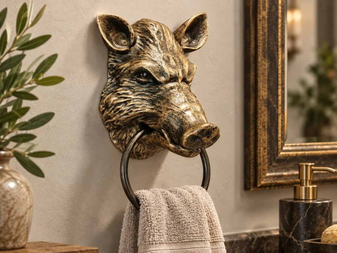 Sculpture, Wild Boar - Towel Ring / Door Knocker - 22 cm - Iron - 2026