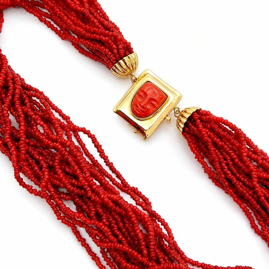 Necklace - 18 kt. Yellow gold Coral - Made in Italy - Handmade