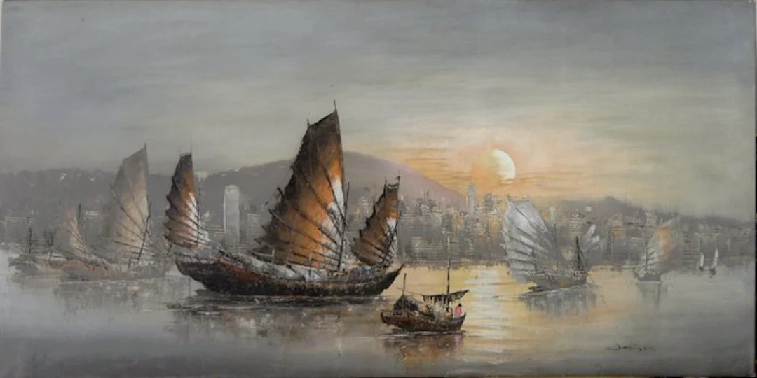 Baie de Hong Kong aux jonques traditionnelles - Ecole...