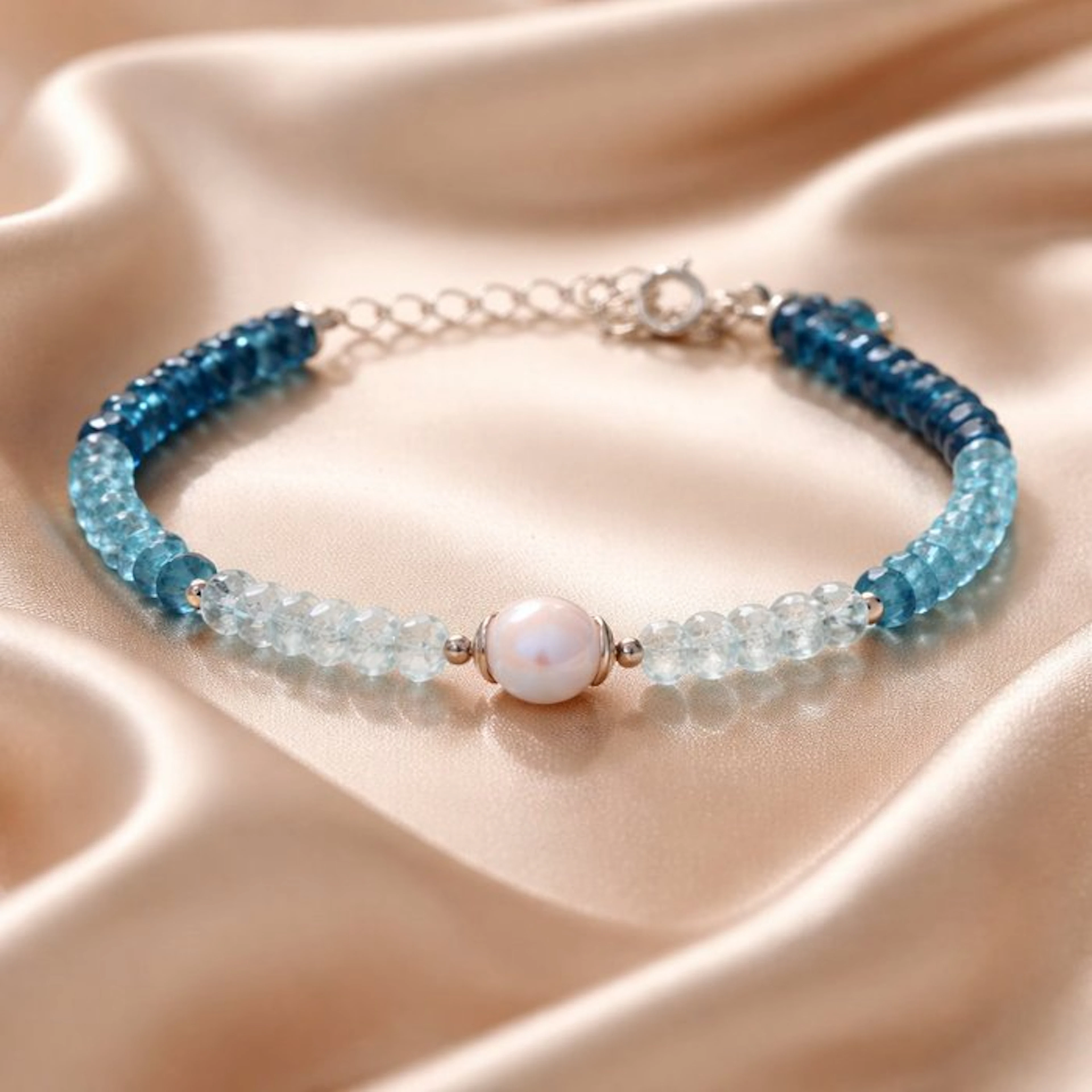 Pearl - Silver - Bracelet - Aquamarine, Topaz