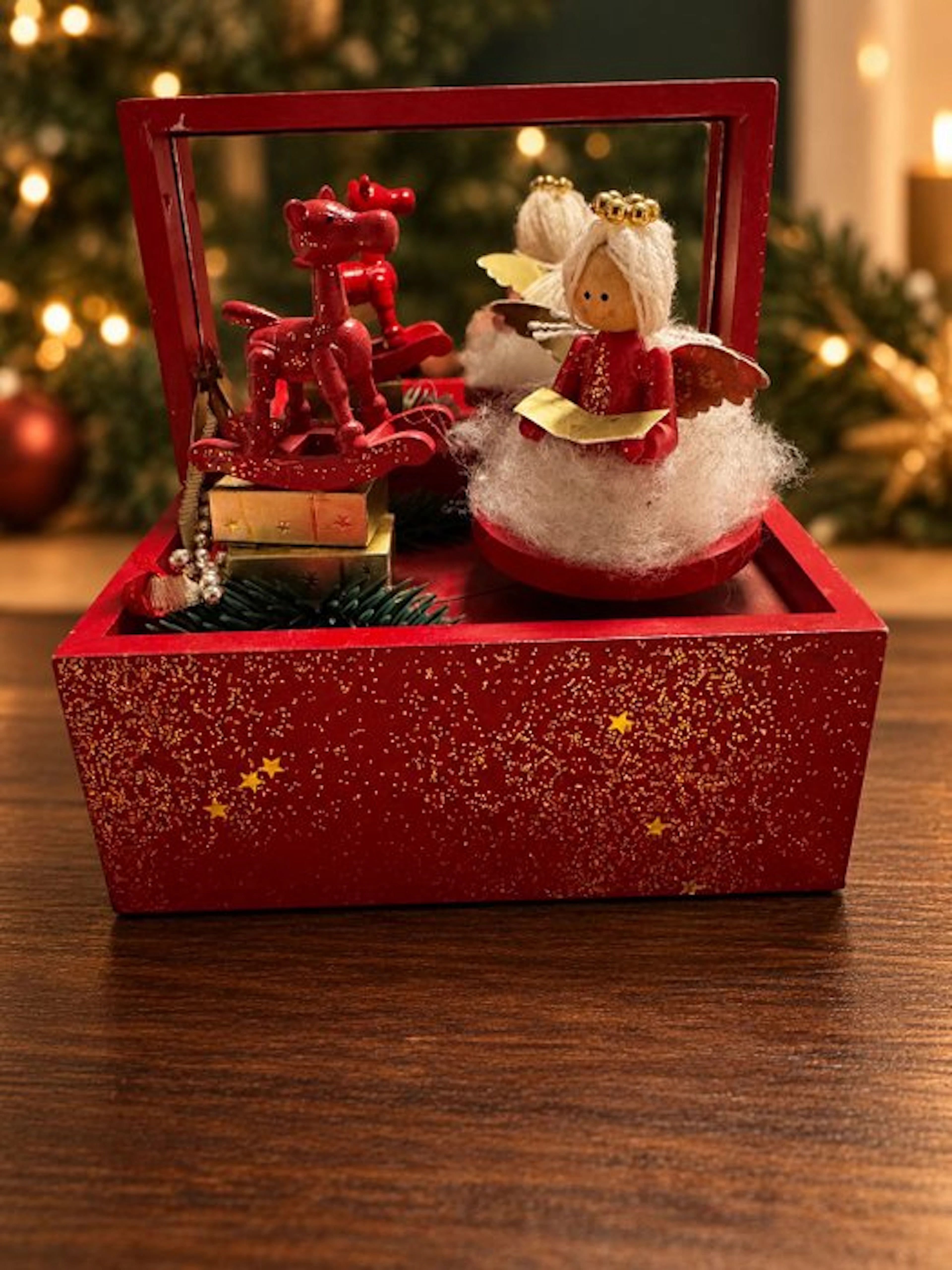 kerst-speeldoos met draaiende engel en rendier – O...