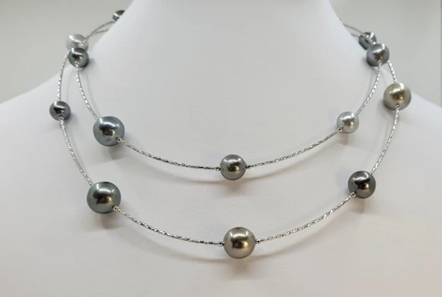 Necklace Platinum, 8x12.5mm Silvery and Peacock Tahiti Pearls
