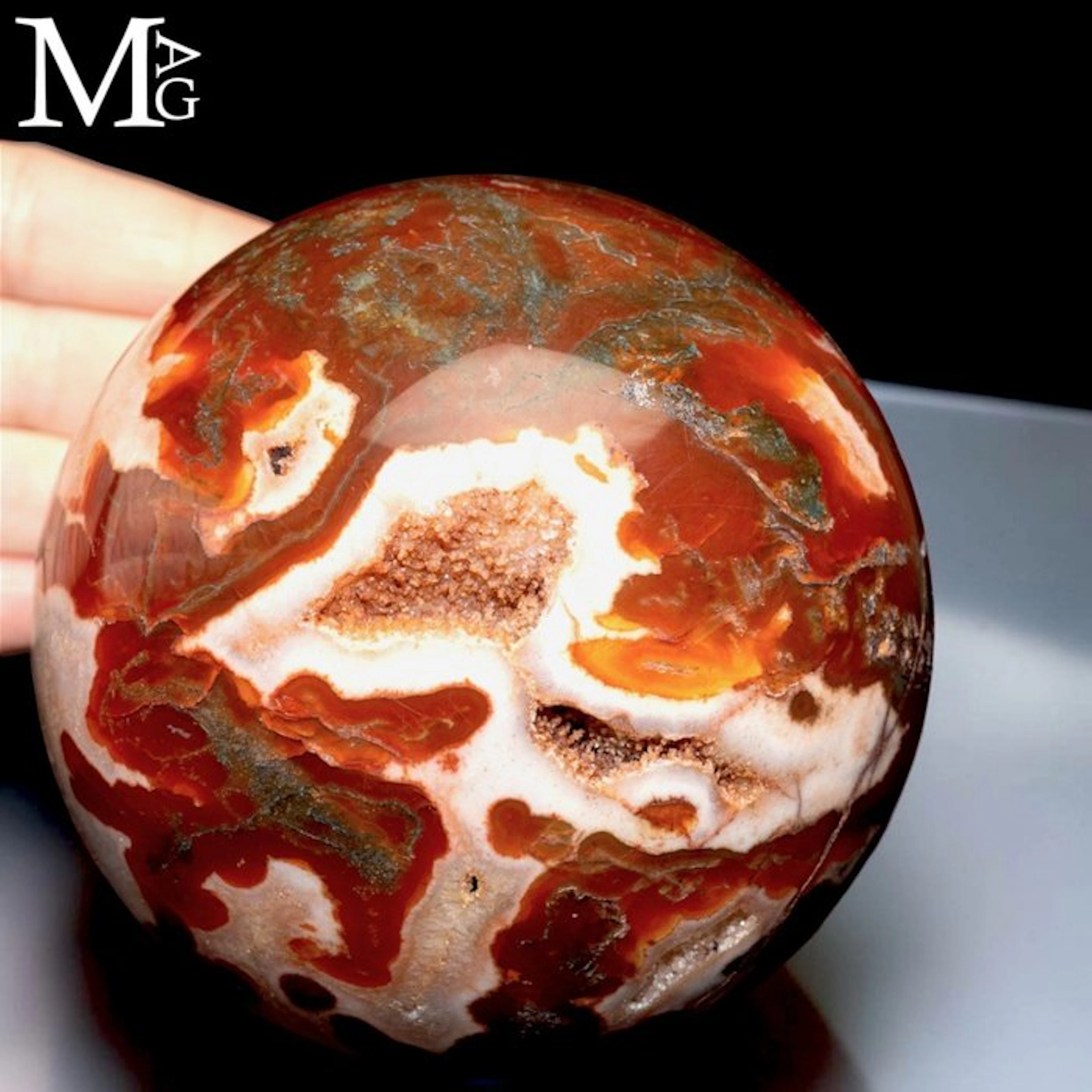 Red Moss Agate Sphere with Crystal Geodes - Carved and...