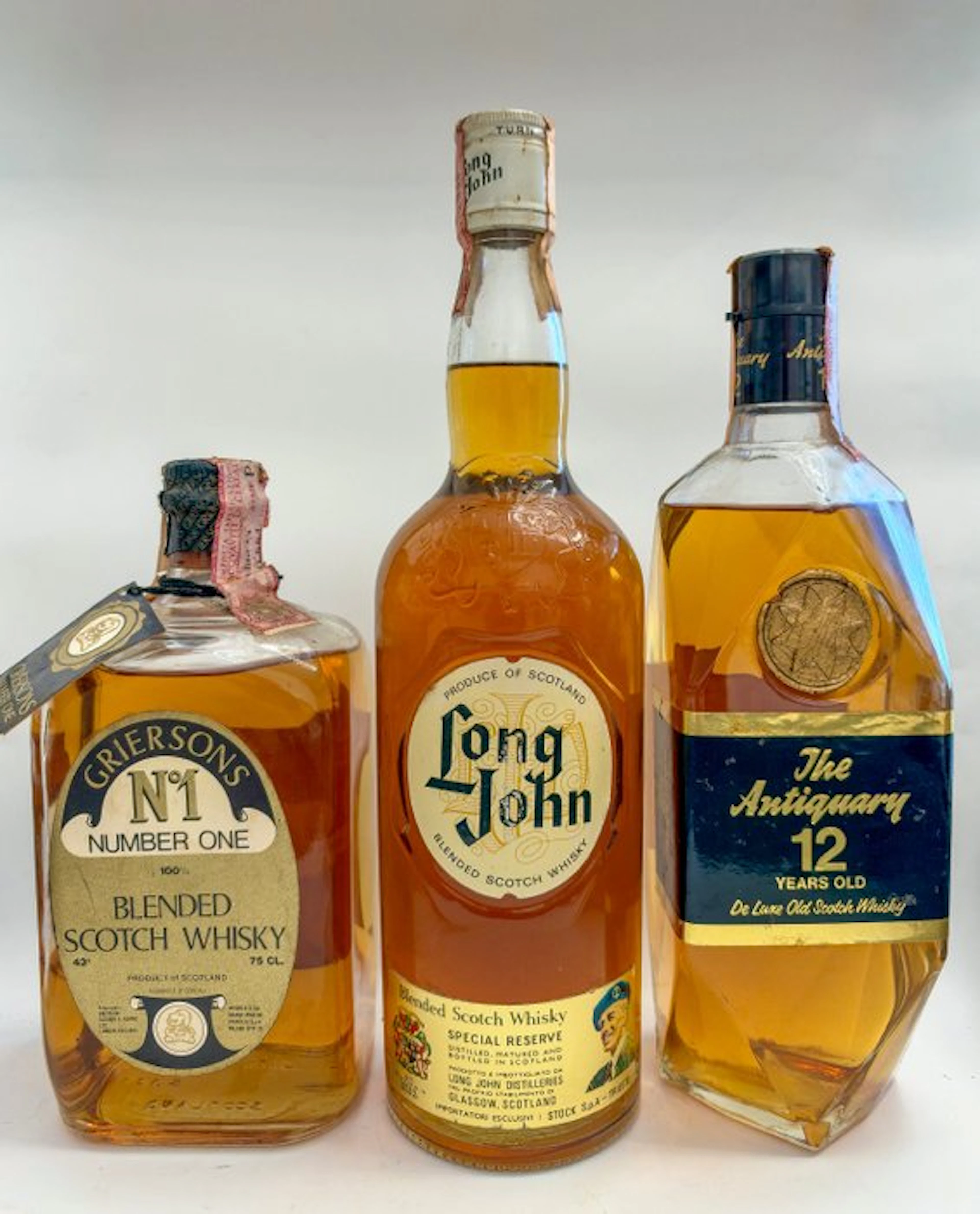 Long John + The Antiquary 12yo + Grierson - b. 1970s - 75cl - 3 bottles