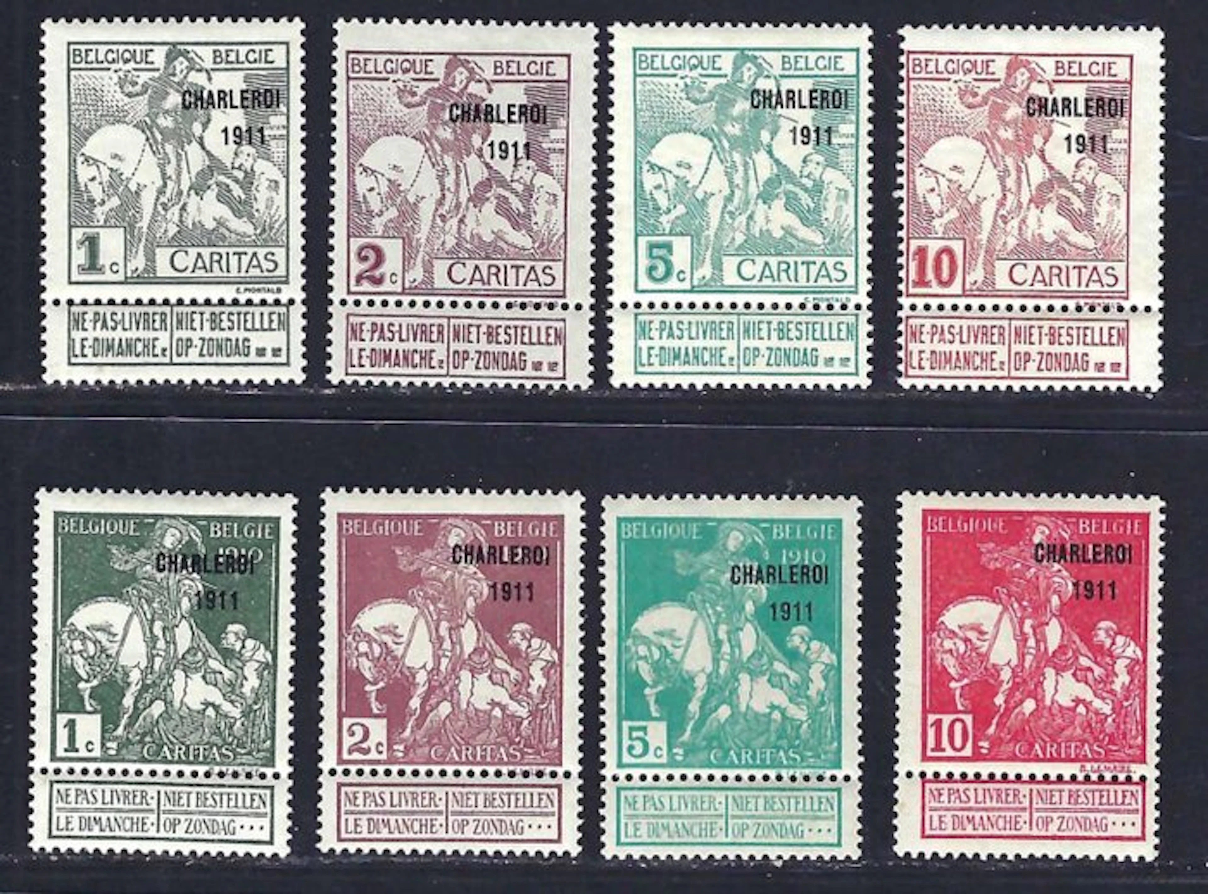 Belgium 1911 - The Caritas series overprint 'Charleroi 1911' - OBP/COB 100/107