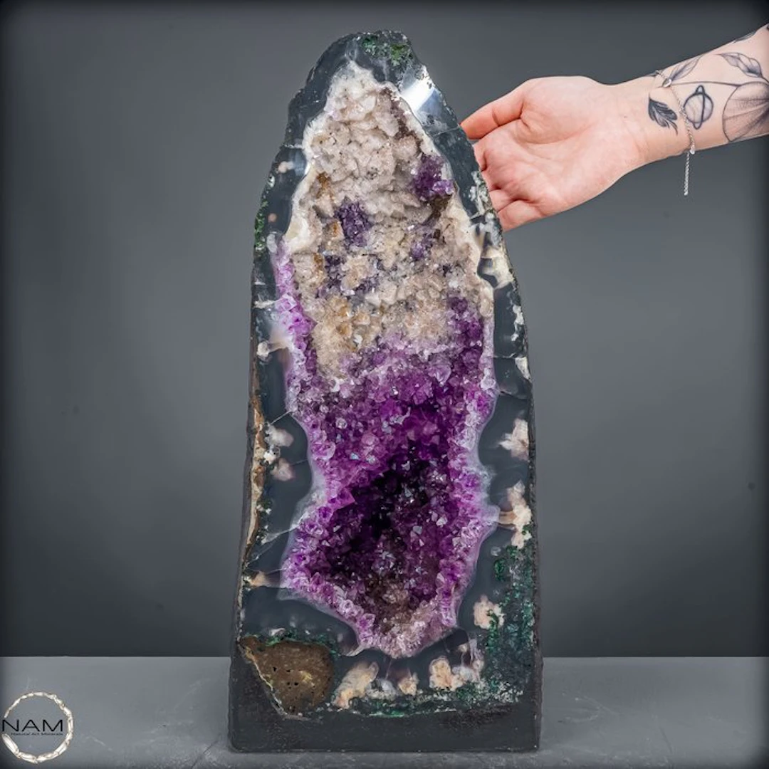 Rare amethyst druse with calcite & chalcedony crystals –...