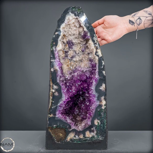 Rare amethyst druse with calcite & chalcedony crystals –...