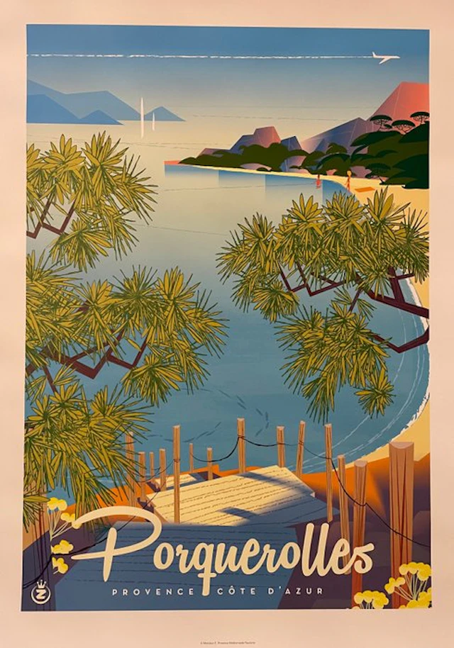 Monsieur Z - Affiche de Tourisme "Porquerolles - La Plage de Notre-Dame