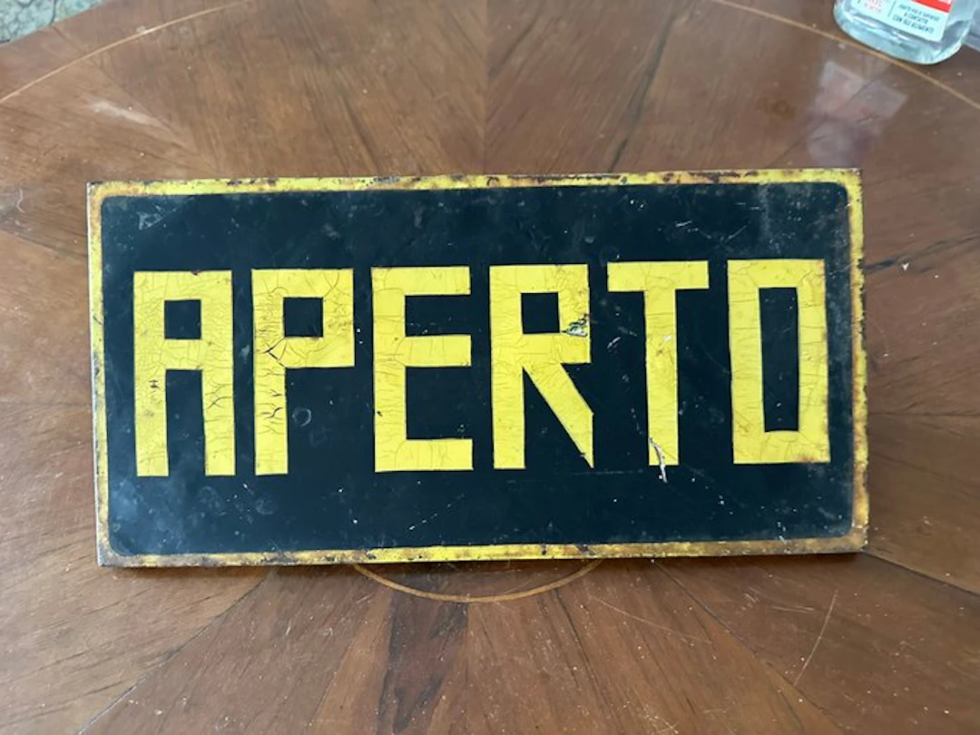Vintage 'OPEN' sign in enameled metal – Industrial / Pop...