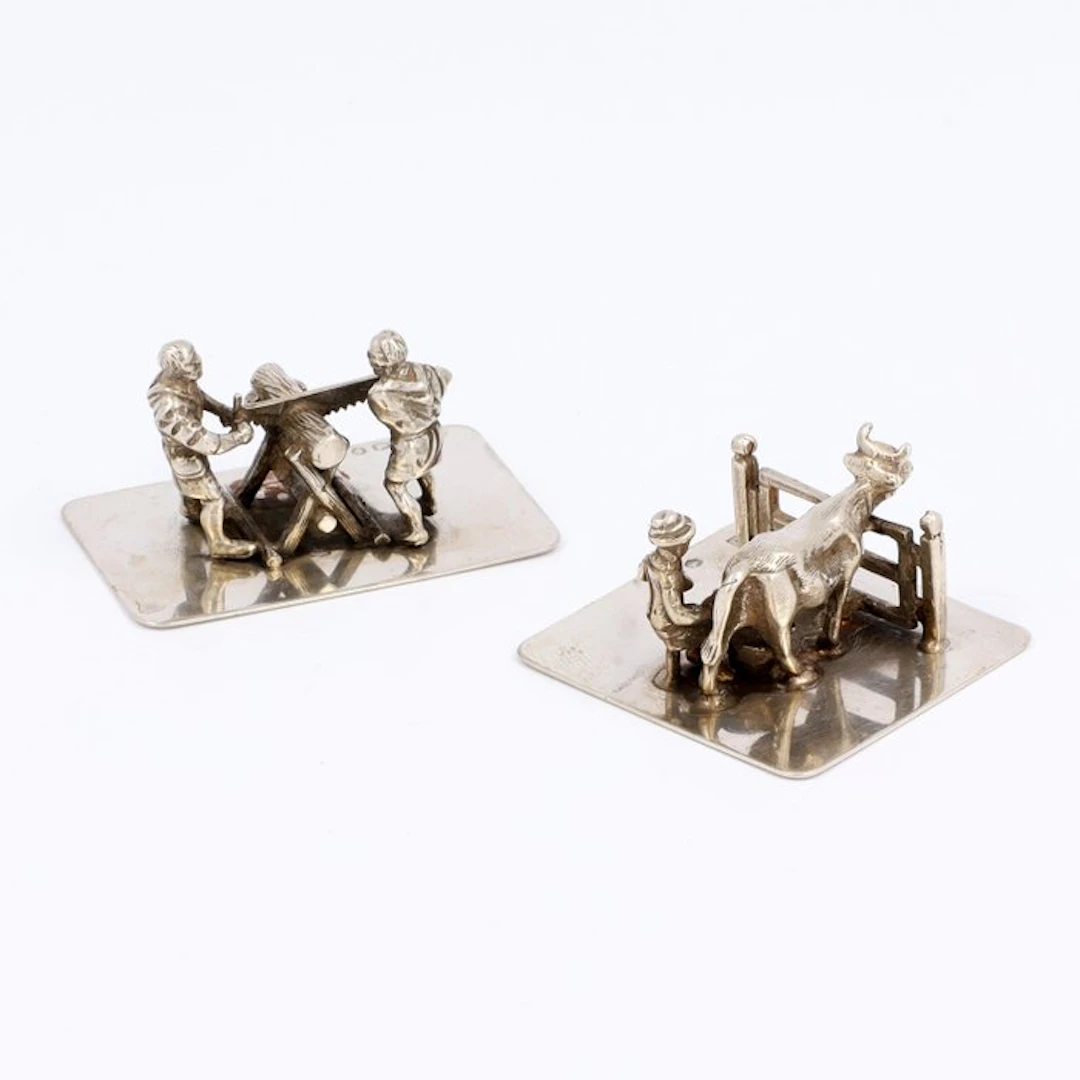 NO RESERVE. C&A Lesener - Houtzagers & Koe melken - Figurine (2) - .835 silver