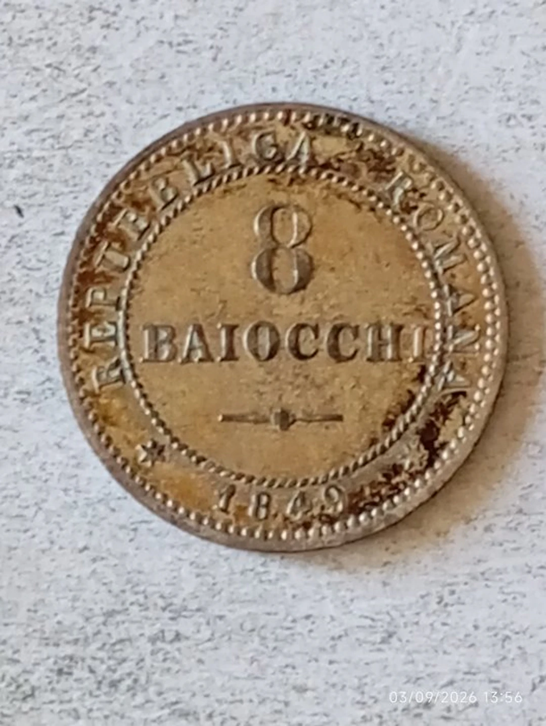 Italy, Second Roman Republic 8 Baiocchi 1849