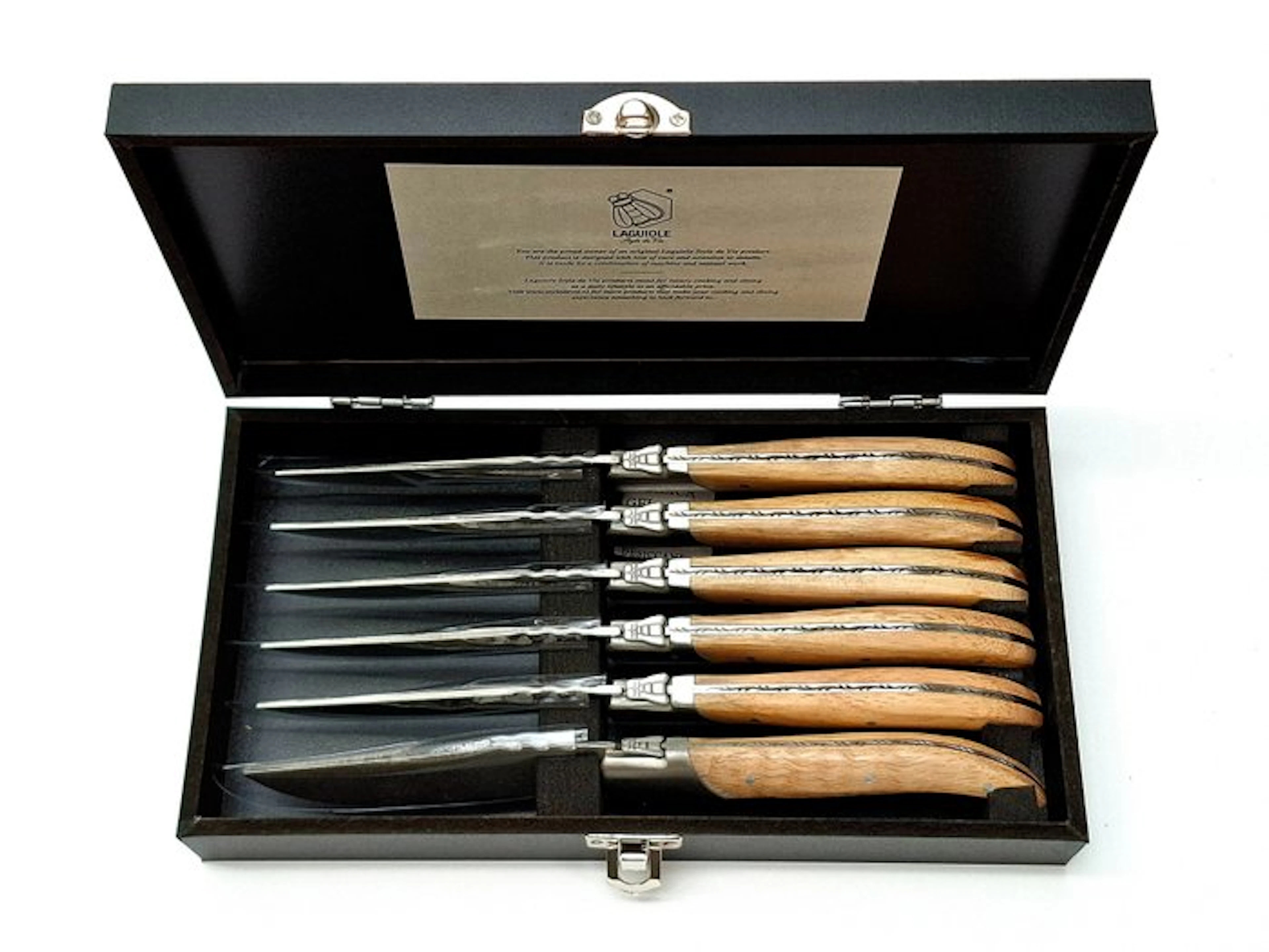 Laguiole - 6x Luxury Steak Knives - Oak Wood - stonewash...