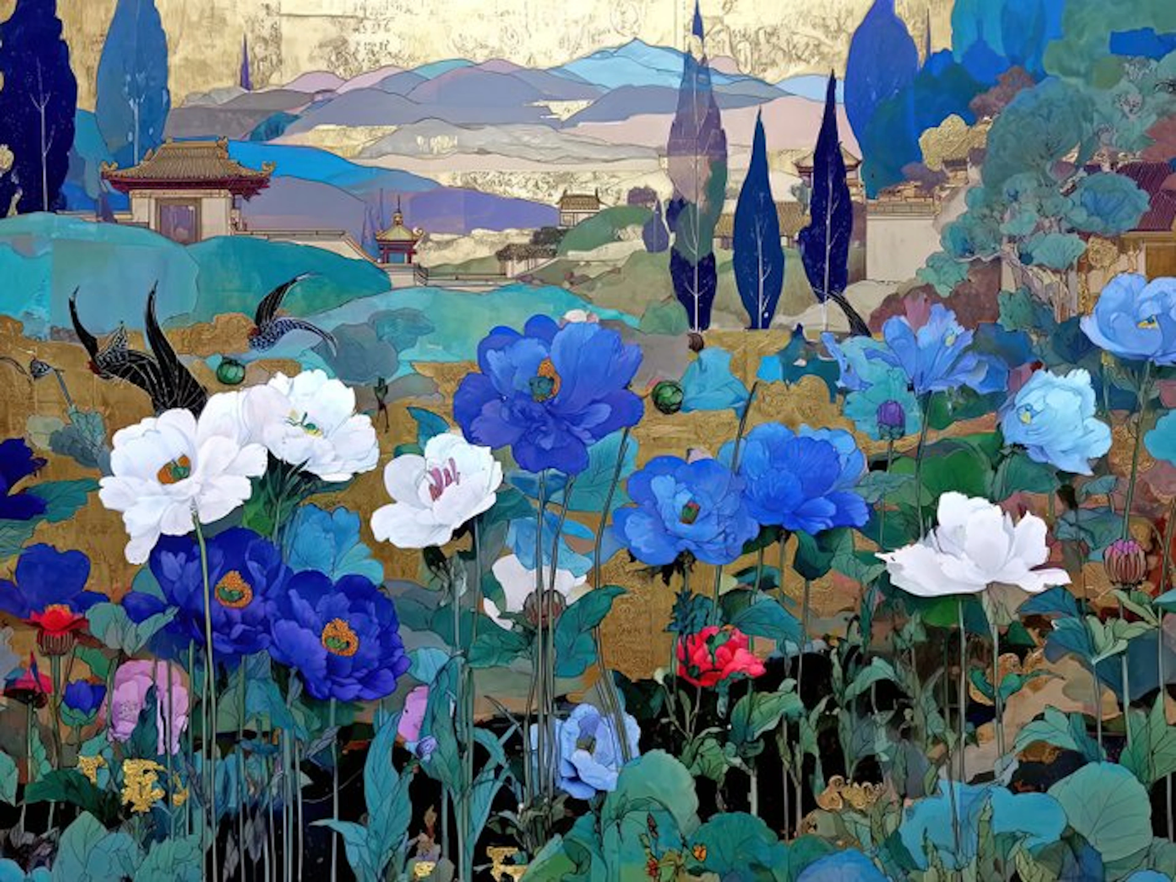 yamila - Jardín de la Reconstrucción: Peonías Azules y Dorado Kintsugi