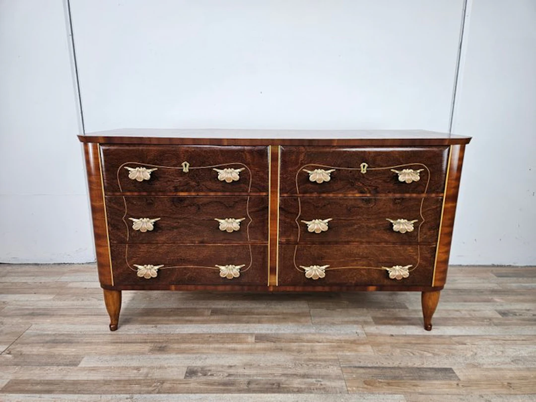 Commode - Art Deco dresser in walnut and brass - Burr walnut, Brass