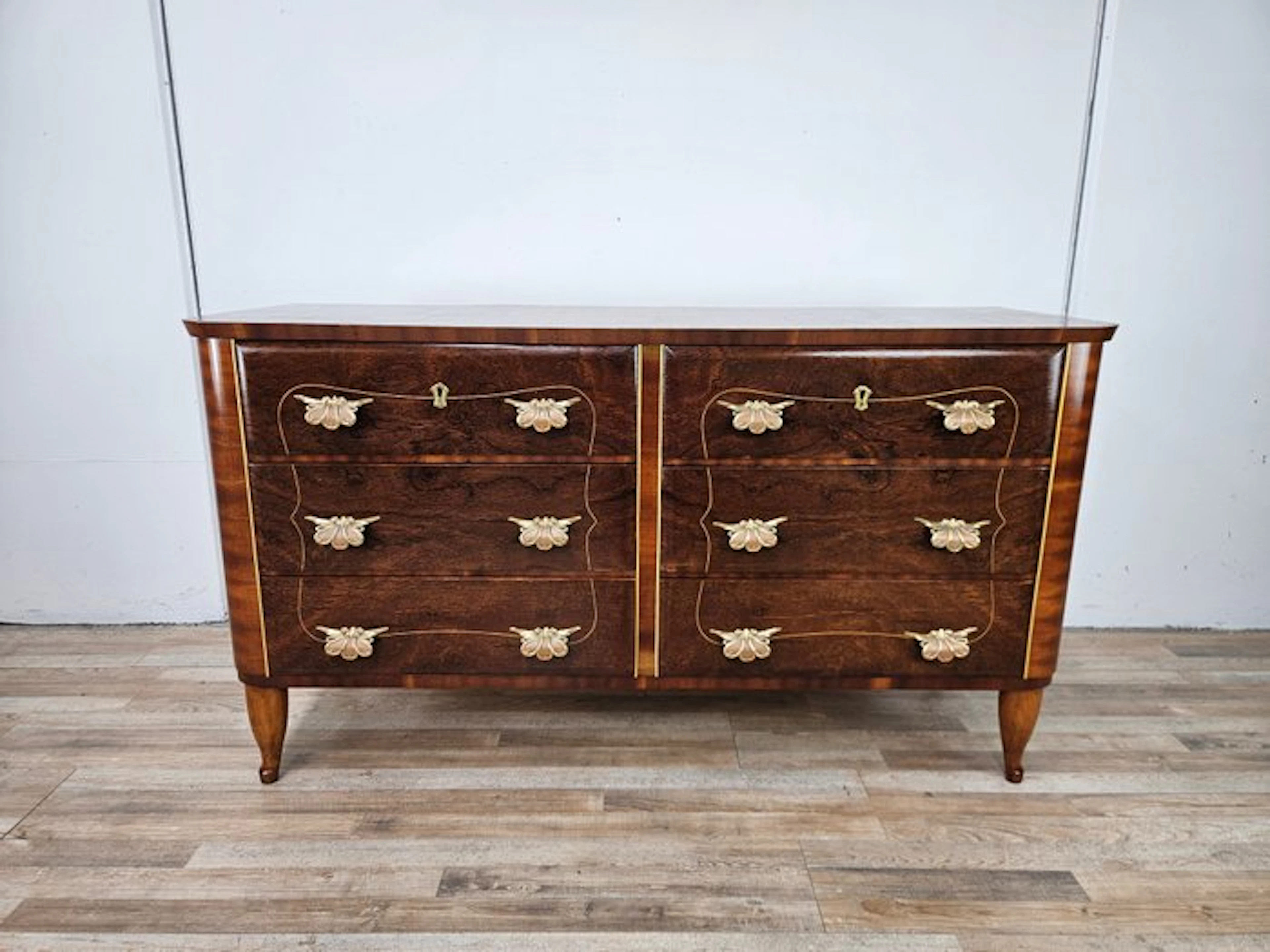 Commode - Art Deco dresser in walnut and brass - Burr walnut, Brass