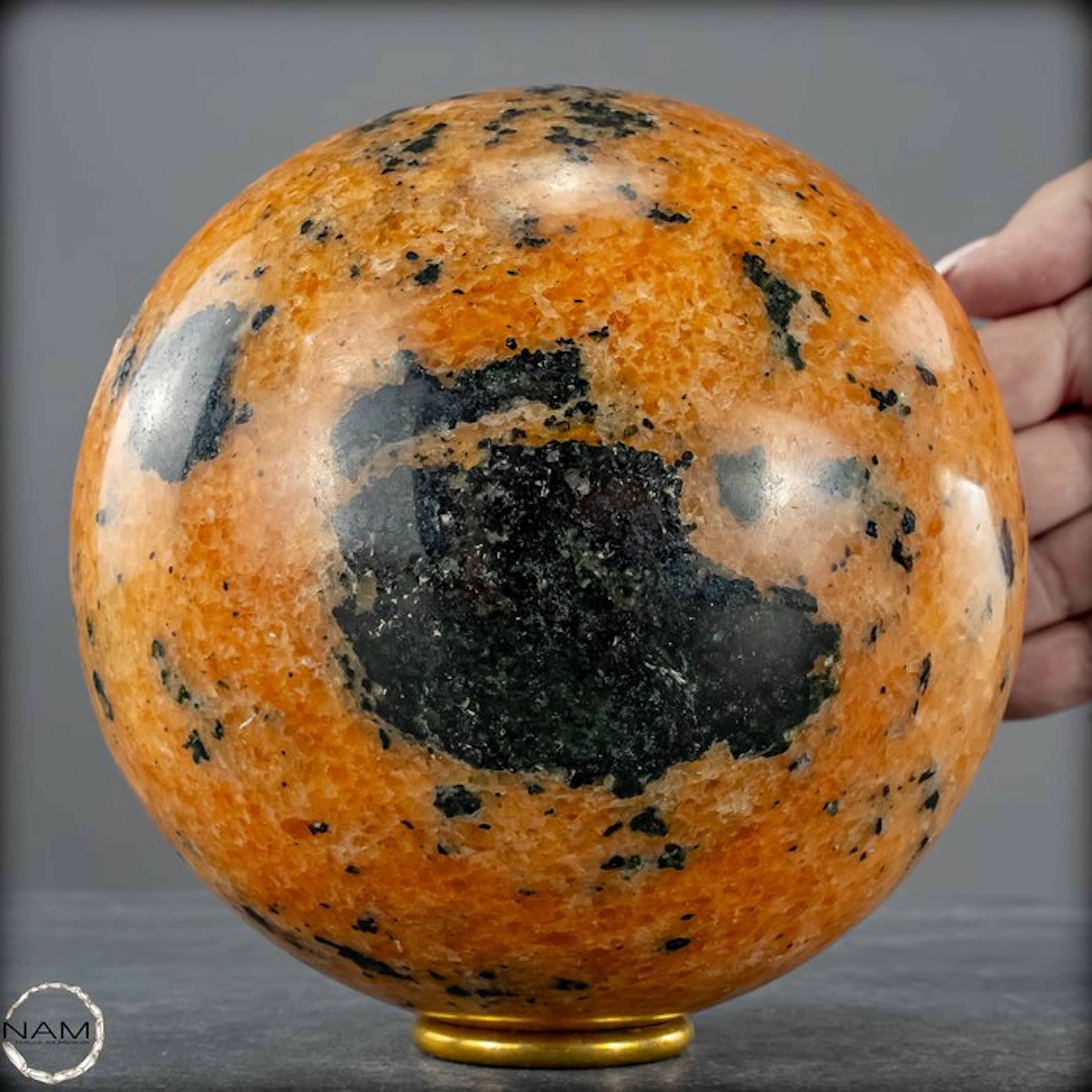 Natural First Quality Orange Calcite and Tourmaline Sphere- 4101.02 g