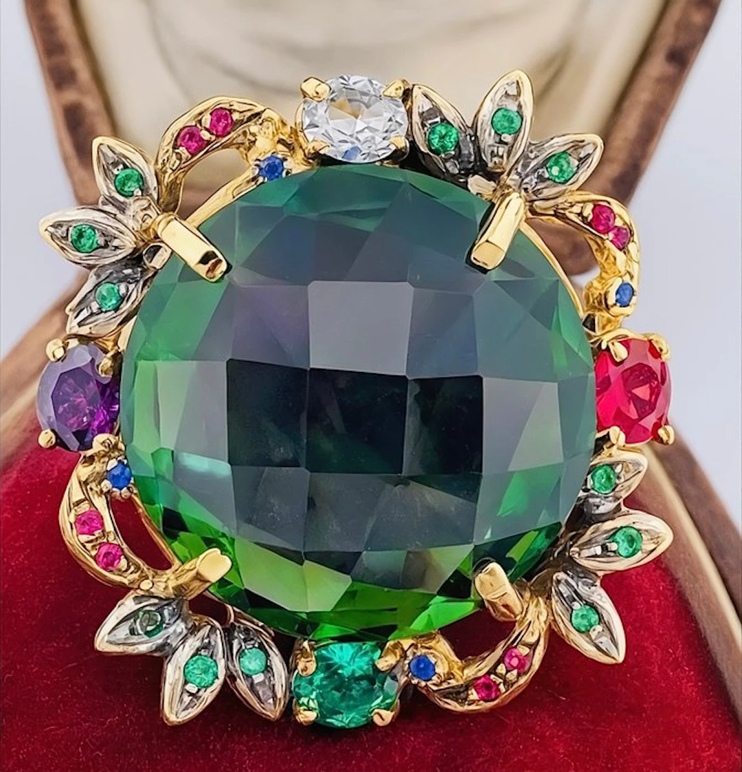 No reserve price - Ring - 9 kt. Yellow gold, Silver Peridot - Ruby