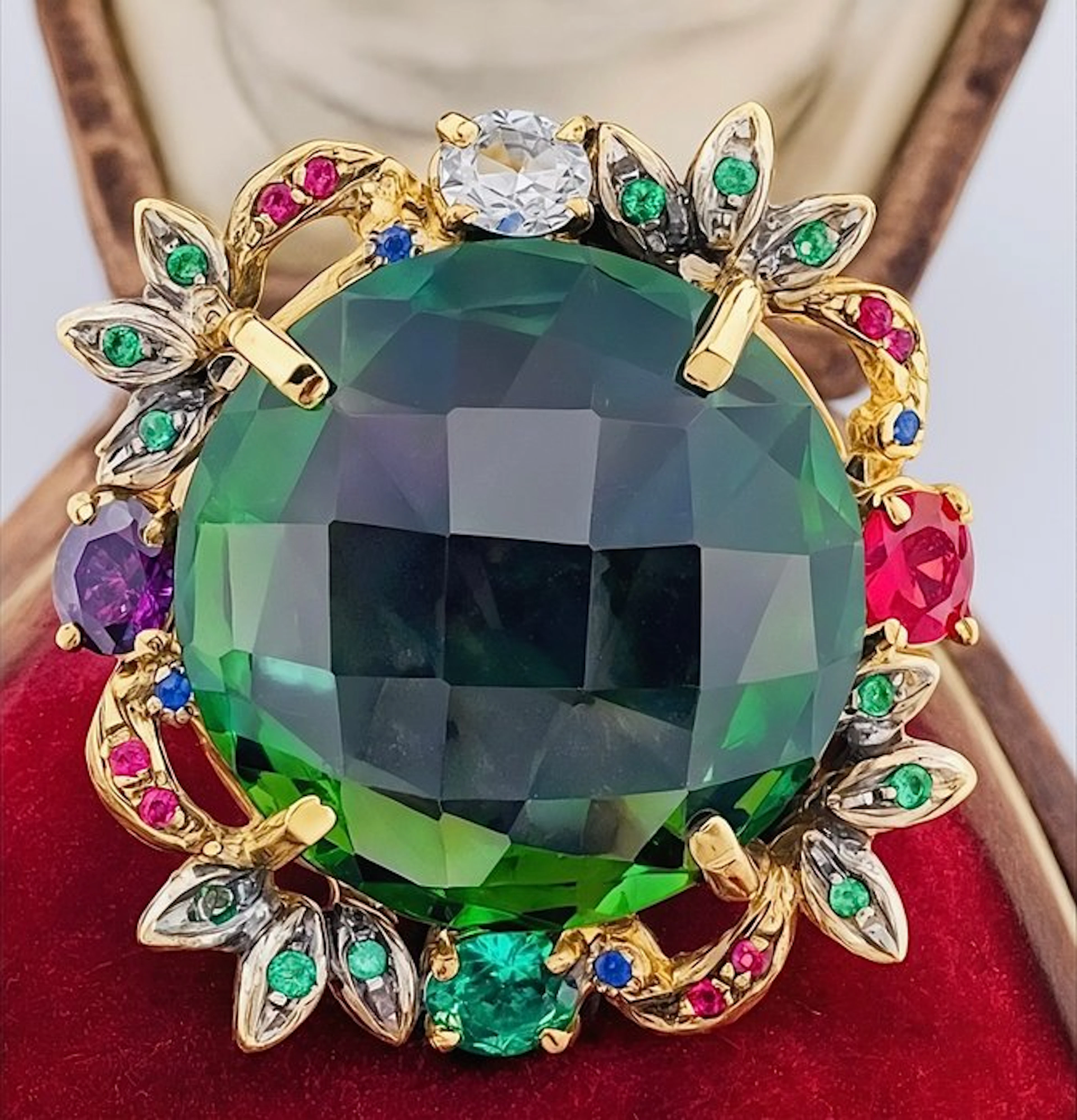 No reserve price - Ring - 9 kt. Yellow gold, Silver Peridot - Ruby