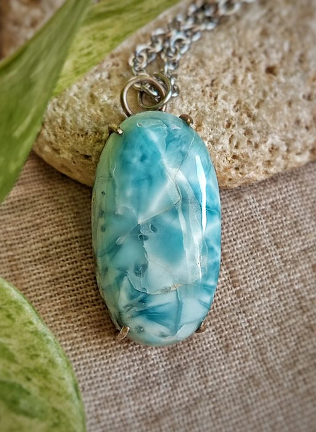 Handmade jewelry piece "Sea Breeze" in 925 silver with Larimar