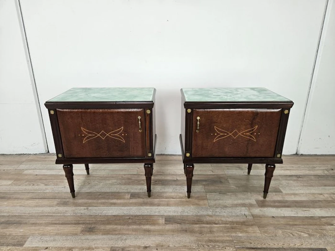 Nightstand (2) - Pair of oak nightstands with glass top. - Oak, Brass, Glass