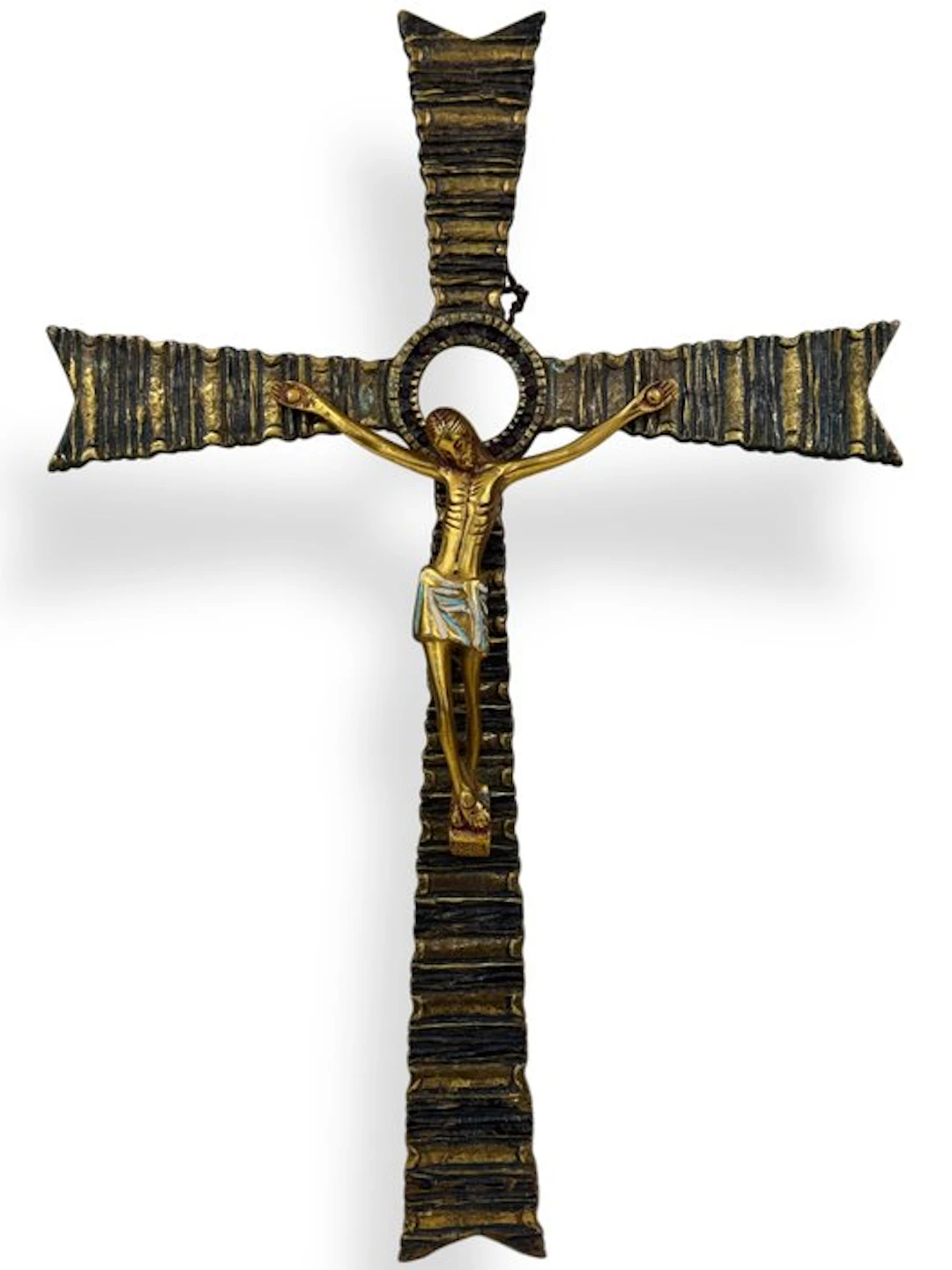 Crucifix - Gilt brass, Polychrome enamels, inlays - 1960-1970 - 33 cm