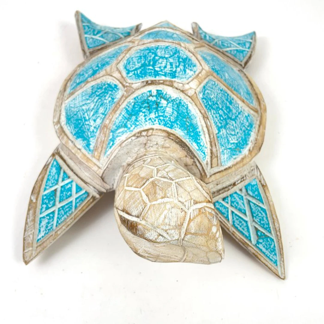 Decorative ornament - Turquoise Tropical Sea Turtle - Handcarved - 31 cm