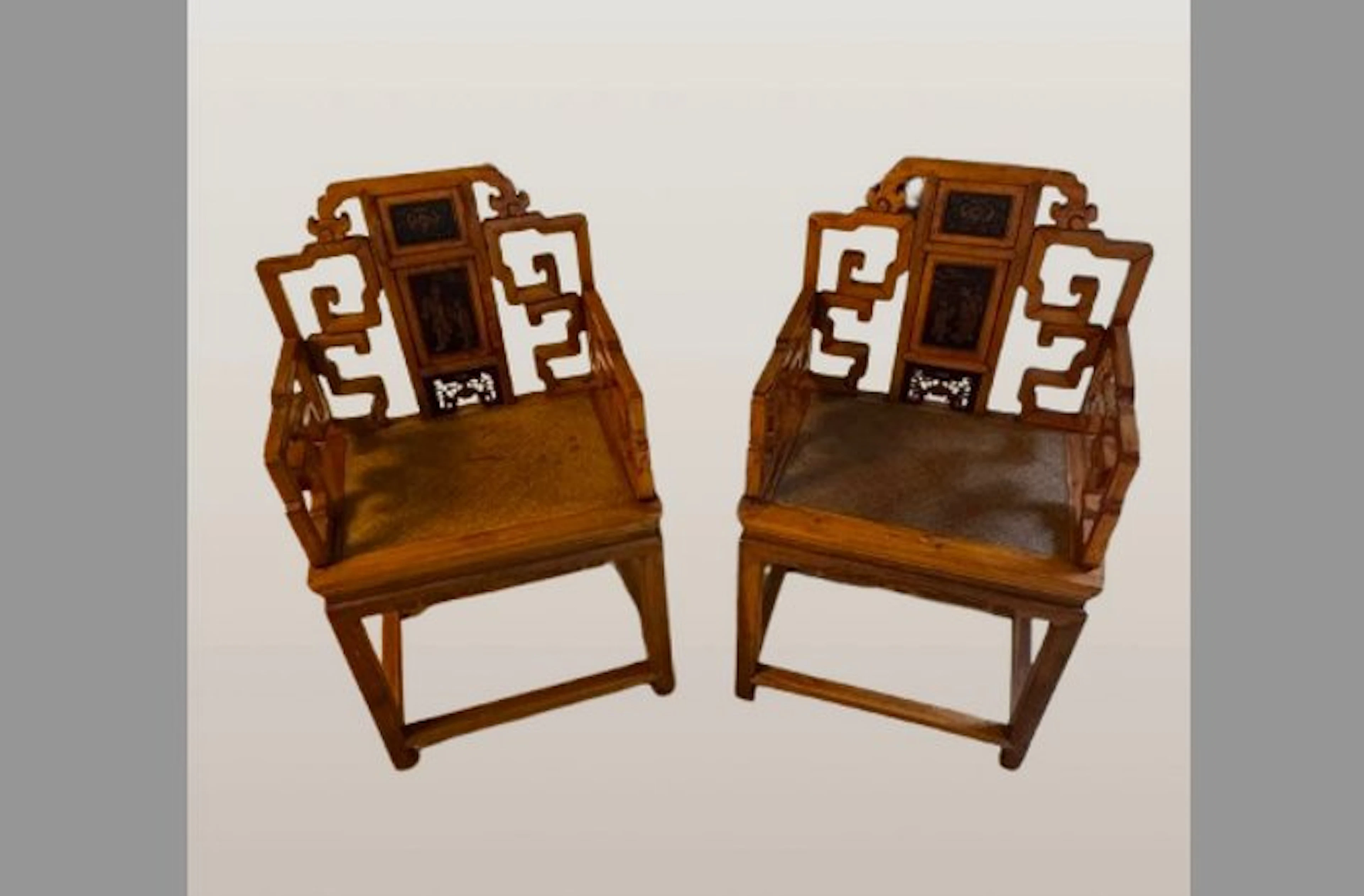 Armchairs with armrests in Qing style. - Wood, rattan weave - China